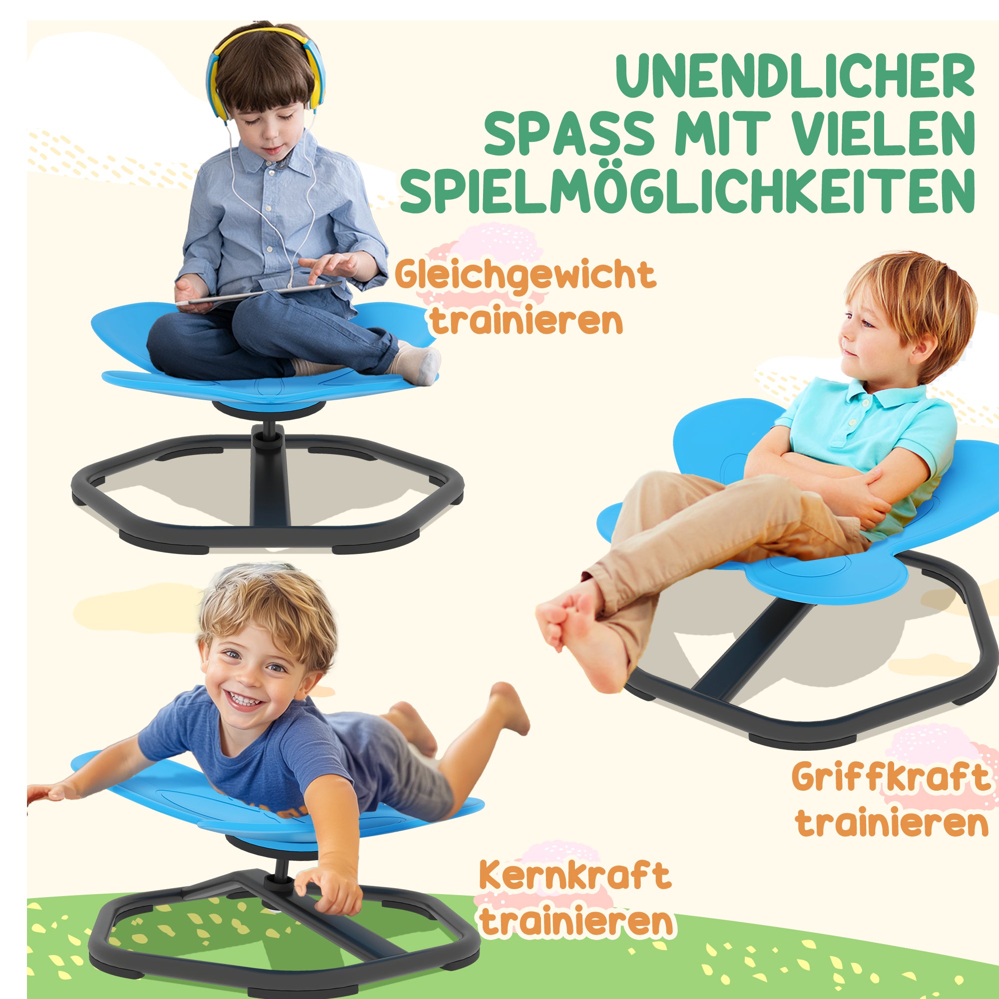 AIYAPLAY Sensorischer Drehstuhl für Kinder, Schmetterlings-Form, fördert Balance und Koordination, Kunststoff, Metall, Blau