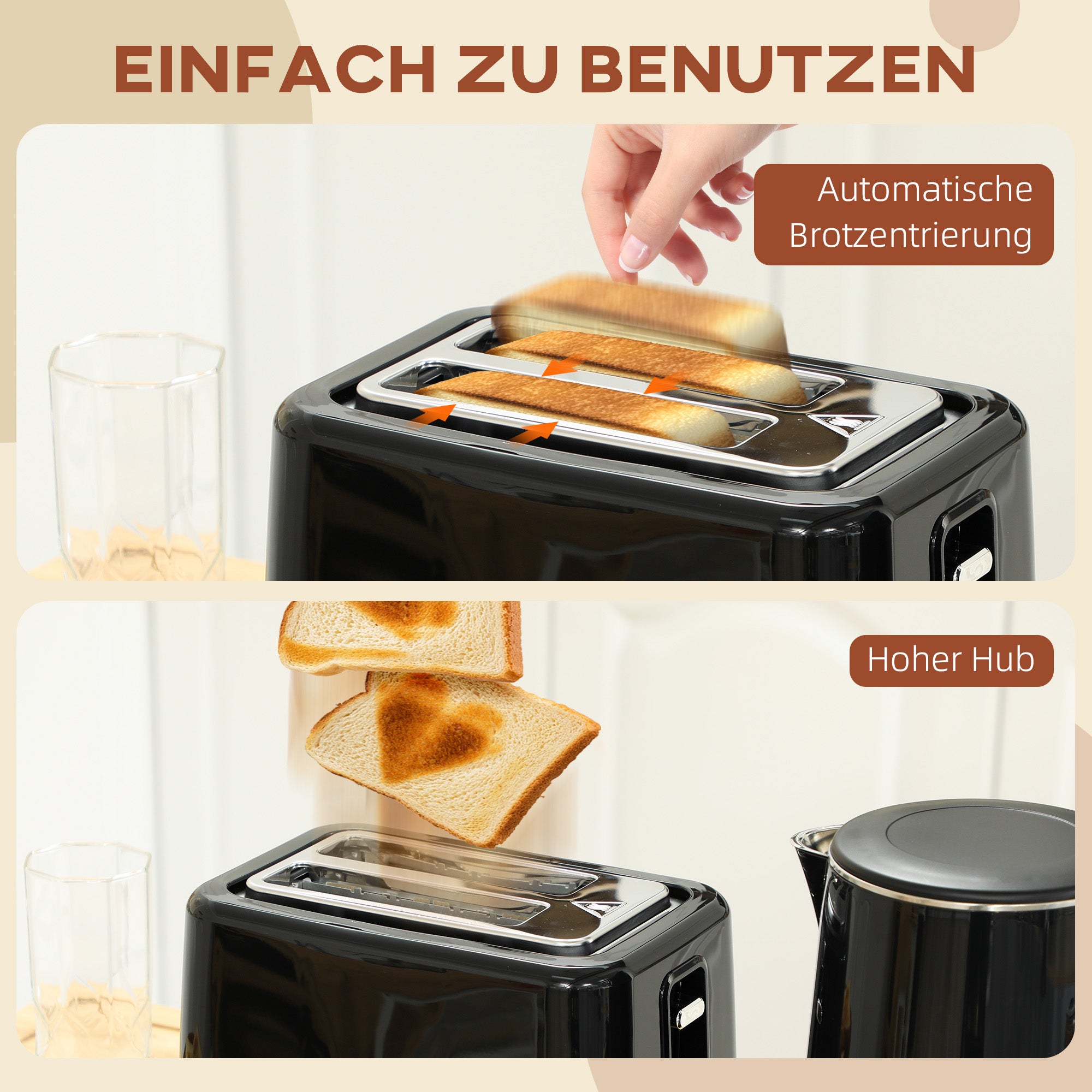 HOMCOM Küchenset mit Wasserkocher und Toaster, 7 Bräunungsstufen, schnelles Kochen, Edelstahl, Kunststoff, Schwarz