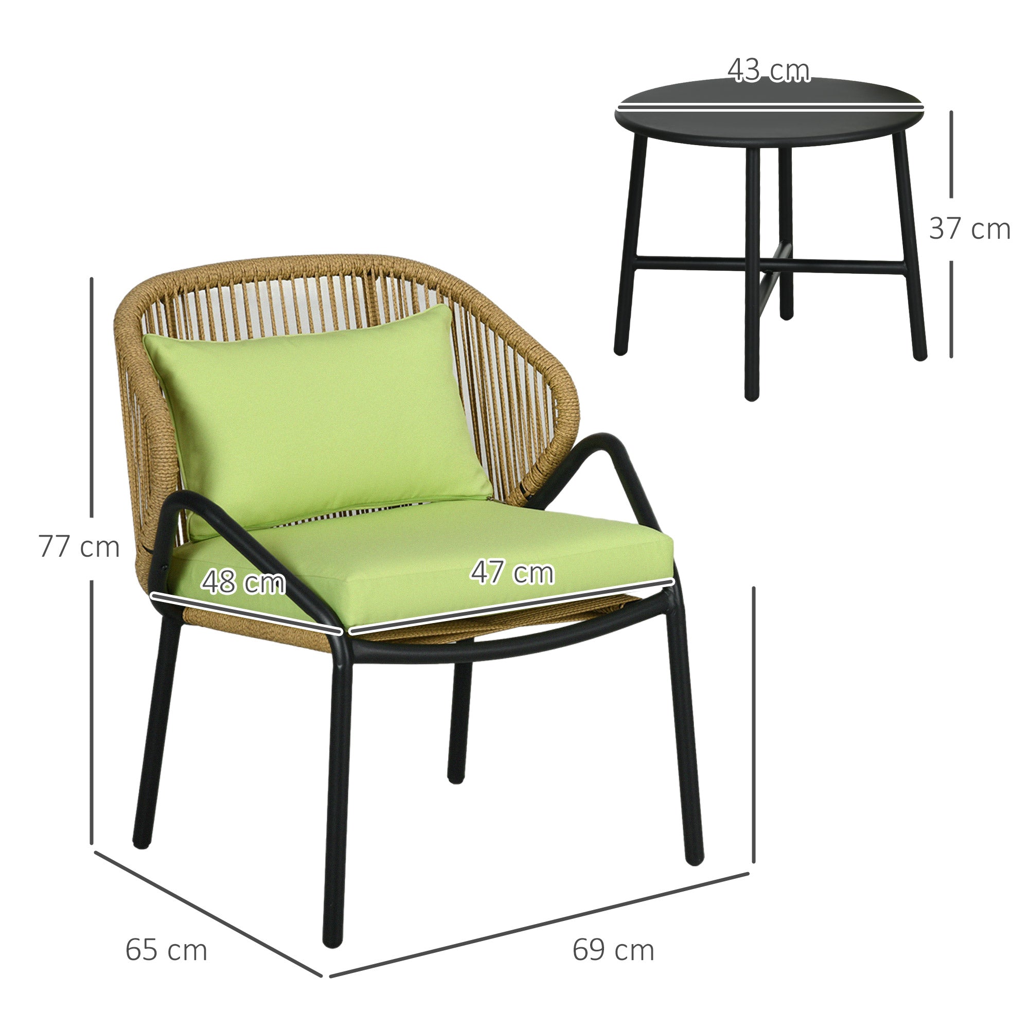 Outsunny Rattan Terrassengarnitur, 3-teilig, Sitz- und Rückenkissen, Kunstrattan, Metallrahmen, Grün
