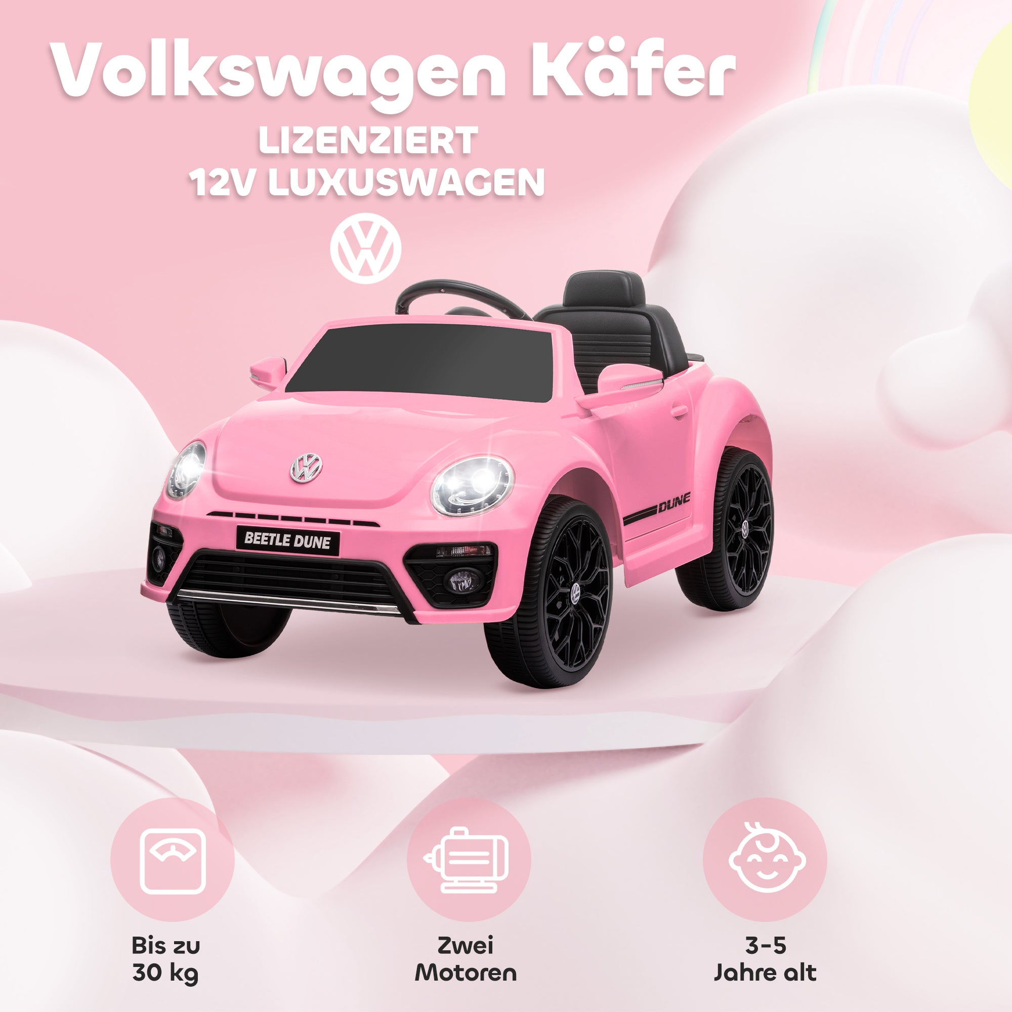 AIYAPLAY Elektro-Kinderfahrzeug, VW Käfer, 3-5 km/h, mit Fernbedienung & Musik, Rosa