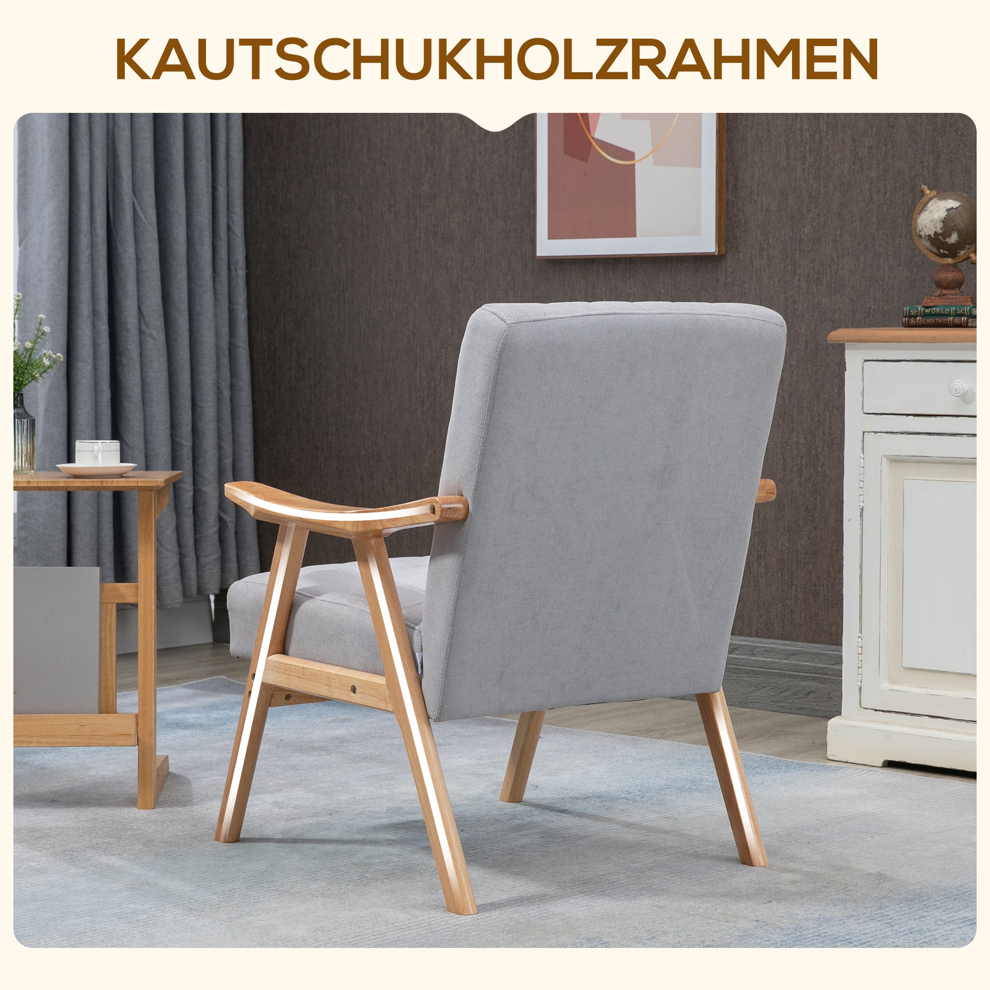 HOMCOM Sessel im Skandi-Design, bis 120 kg, Samtoptik, Massivholz; 68 cm x 74 cm x 82 cm, Natur + Grau