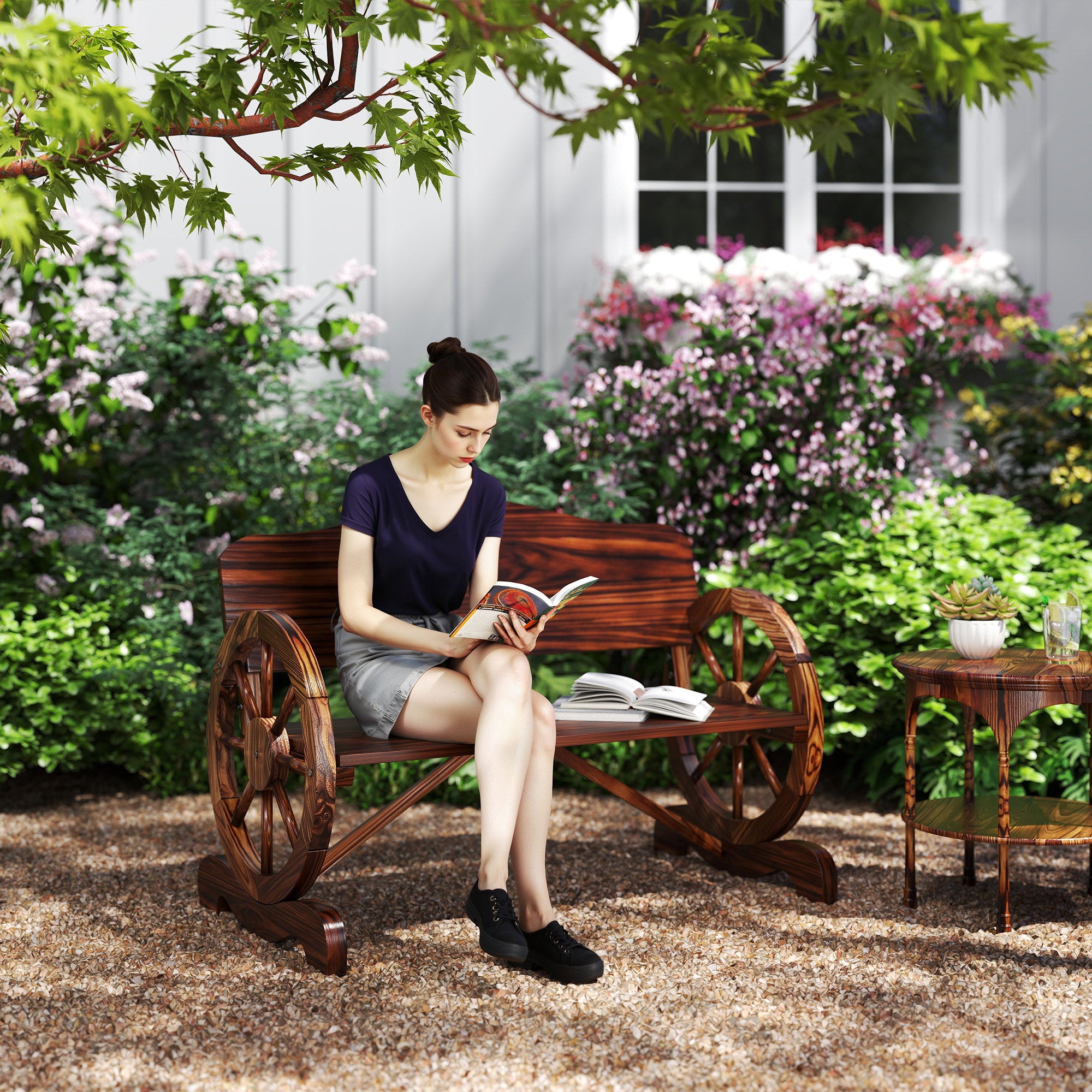 Outsunny 2-Sitzer Gartenbank mit Rad-Armlehnen, Rustikale Outdoor-Bank für Terrasse, Veranda, Fichtenholz, Braun