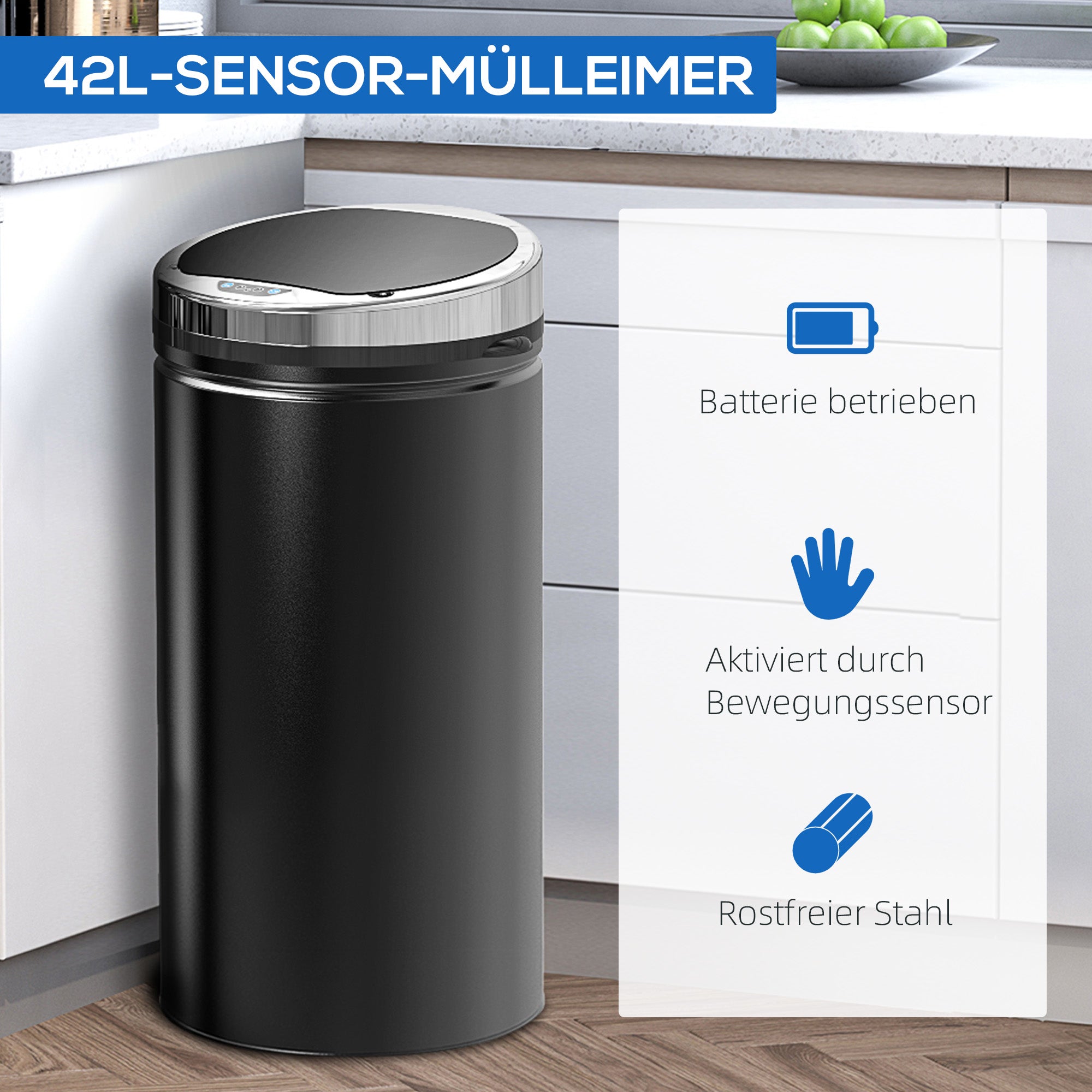 HOMCOM 42 L Sensor Mülleimer, Automatischer Abfalleimer, Rostfreier Kücheneimer mit Infrarotsensor, für Küche, Esszimmer