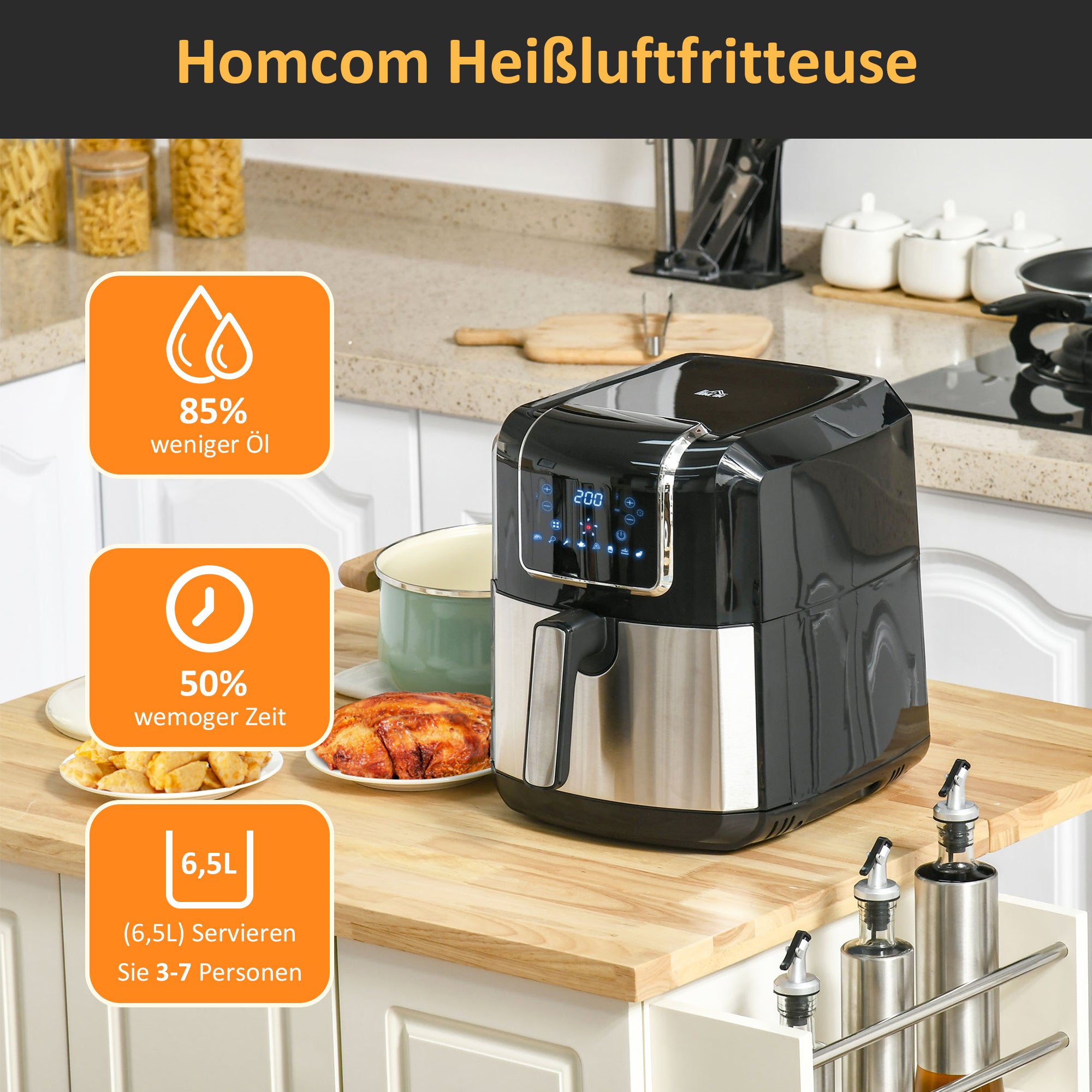 HOMCOM Heißluftfritteuse 6,5 L 1700W mit 8 Menüs LED-Display Antihaftbeschichteter Korb für gesundes ölfreies fettarmes Kochen Schwarz 36,5 x 29 x 33,8 cm