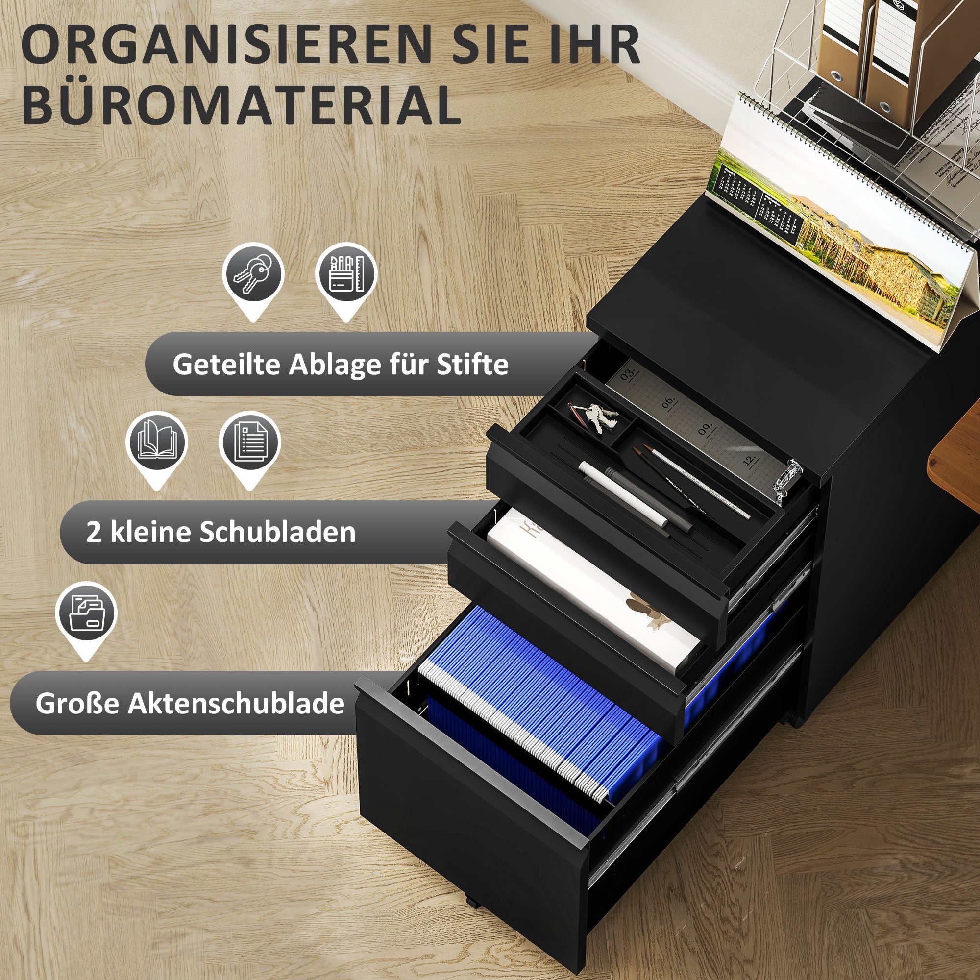 Vinsetto Aktenschrank aus Metall, Büroschrank, 3 Schubladen, rollbar, Schwarz