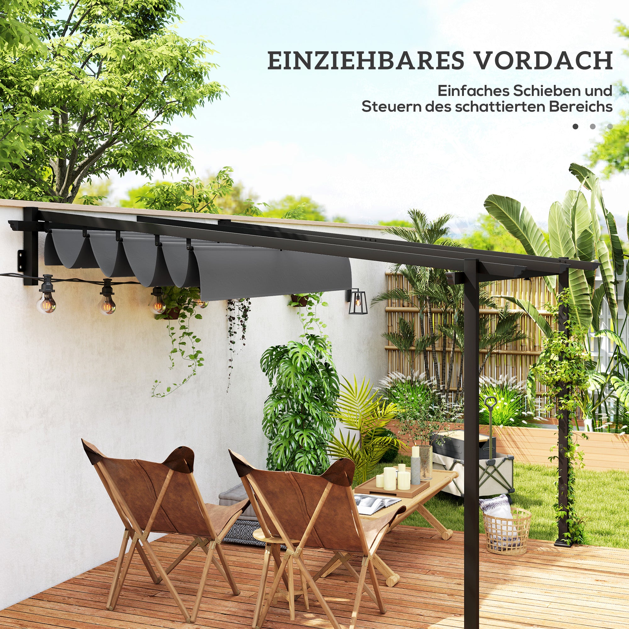 Outsunny Pavillon, 3 x 3 m Pergola, Winddichtes Terrassendach, Wandmontage, Verstellbares Dach, für Garten, Terrasse, Dunkelgrau