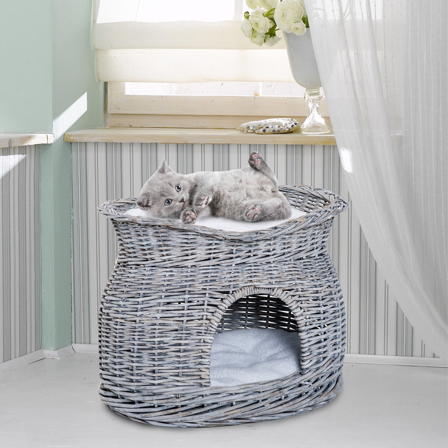 PawHut Rattan Weidenkorb für Katzen Katzenhütte mit 2 weichen Liegekissen Katzenkorb Haustierbett aus Wasserhyazinthe für Wohnzimmer Grau 56 x 37 x 40 cm