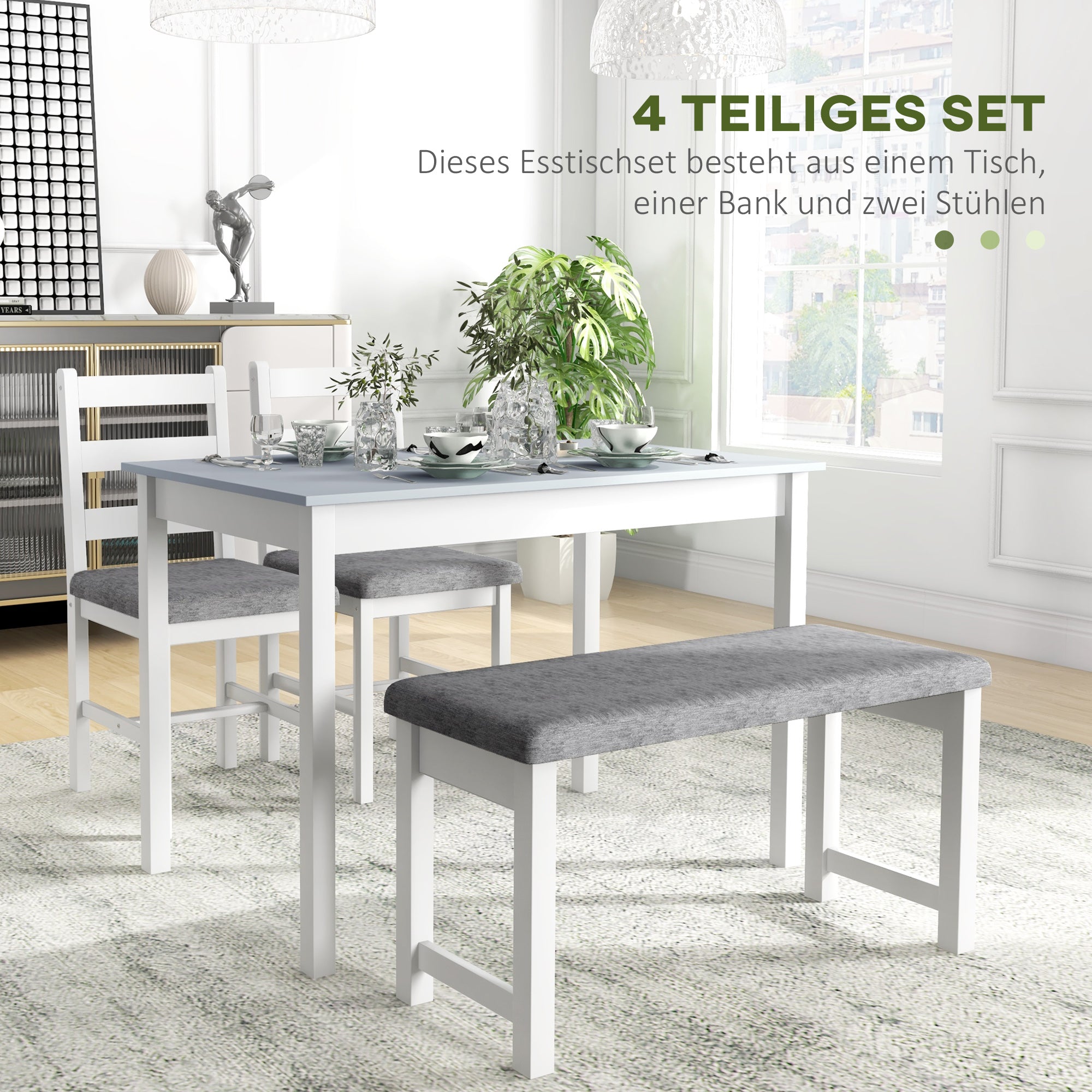 HOMCOM Sitzgruppe, 4-teiliges Esstisch-Set, 1 Tisch, 1 Bank, 2 Stühle, Grau + Weiß