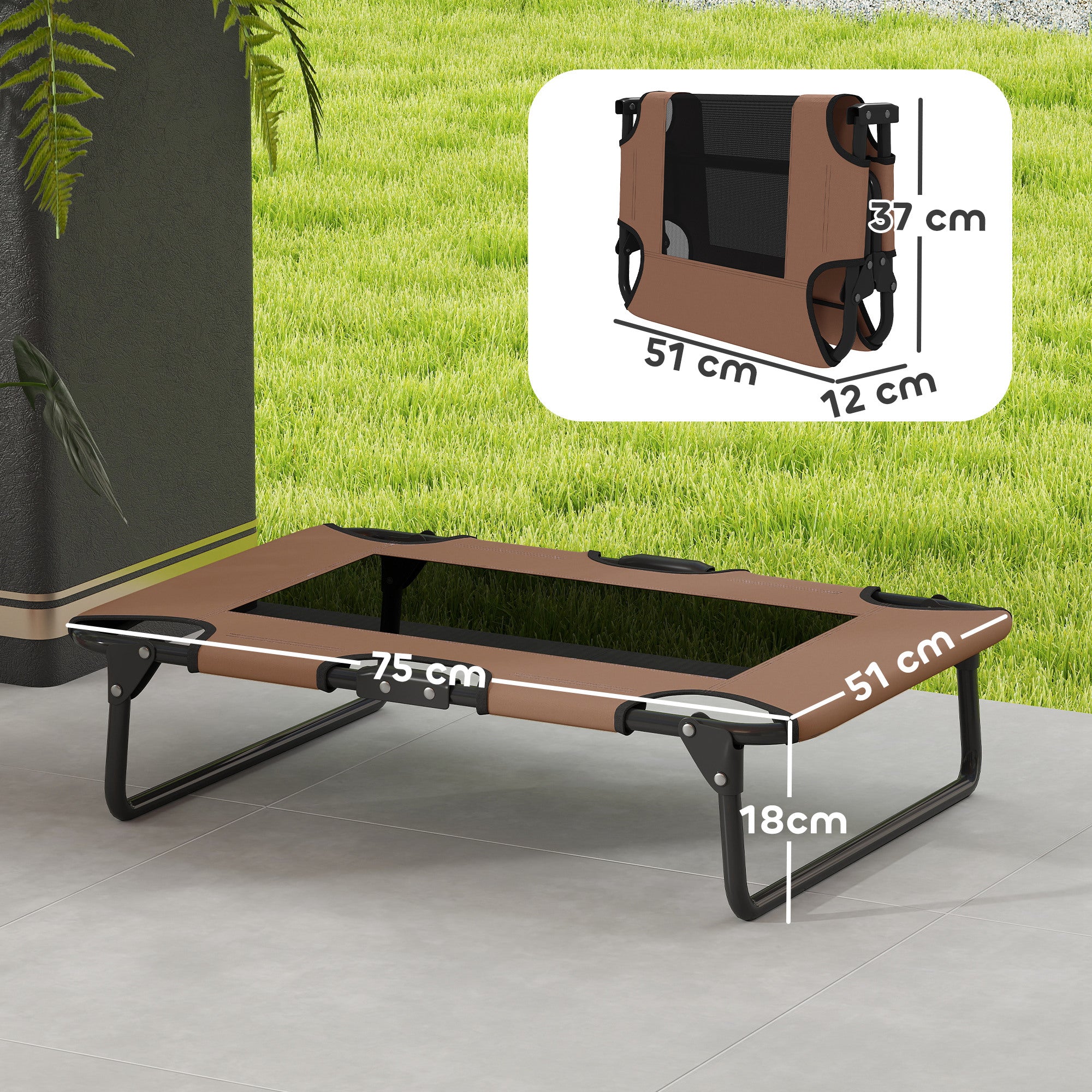 PawHut Erhöhtes Hundebett klappbar Haustierbett, Outdoor Hundeliege mit Netzdesign Kaffee Oxford 75 x 51 x 18 cm