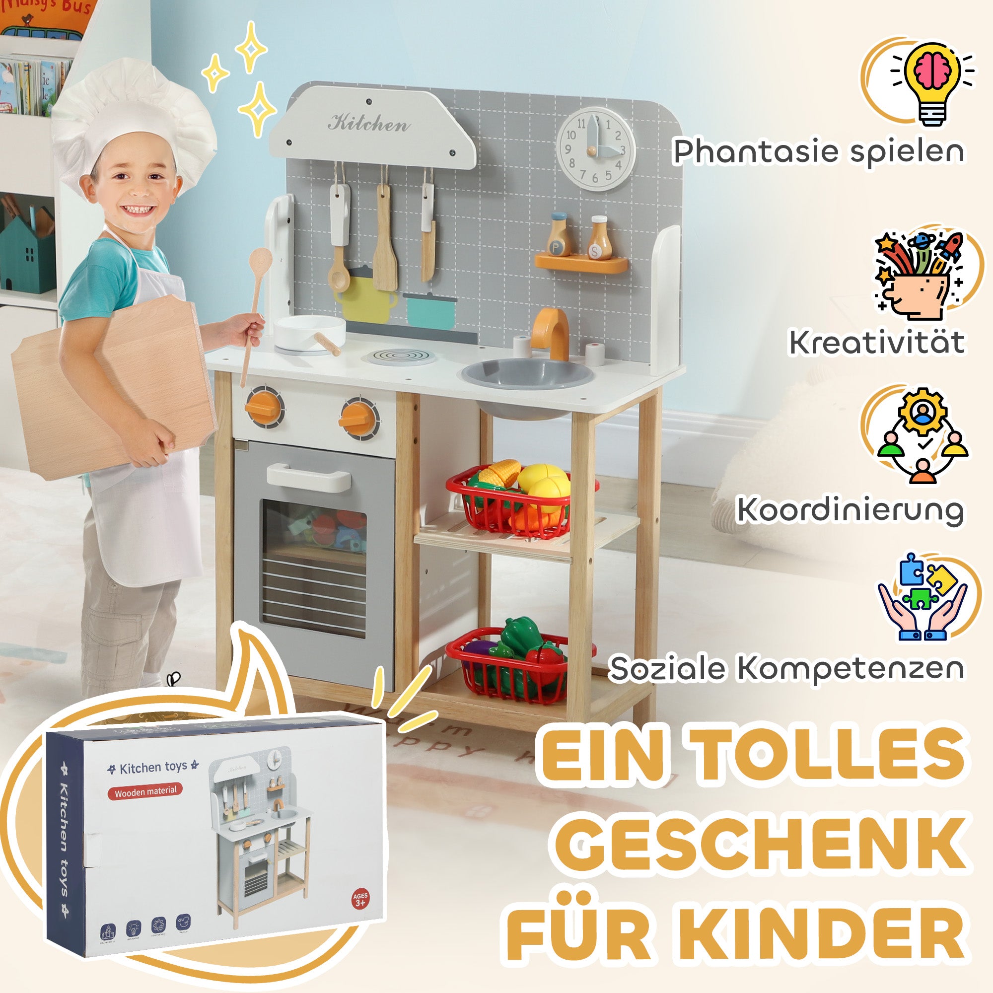 AIYAPLAY Spielküche mit Zubehör, Herd & Ofen, Spüle, Uhr, Ablagen, für 3-6 Jahre, Grau