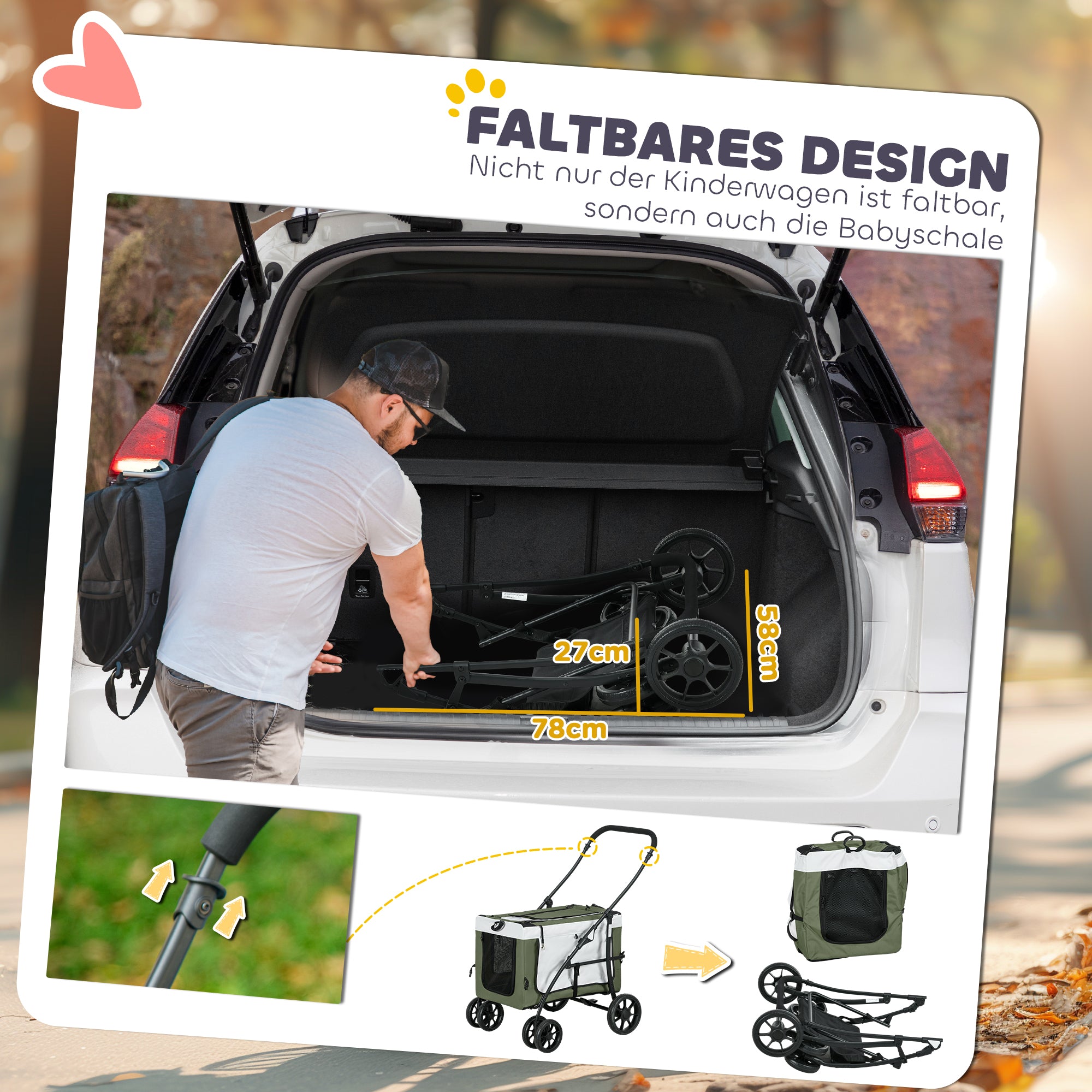 PawHut Hundbuggy Haustierbuggy Hundewagen, klappbar, abnehmbarer Korb, 81 x 58 x 97,5 cm, Schwarz+Dunkelgrün+Weiß