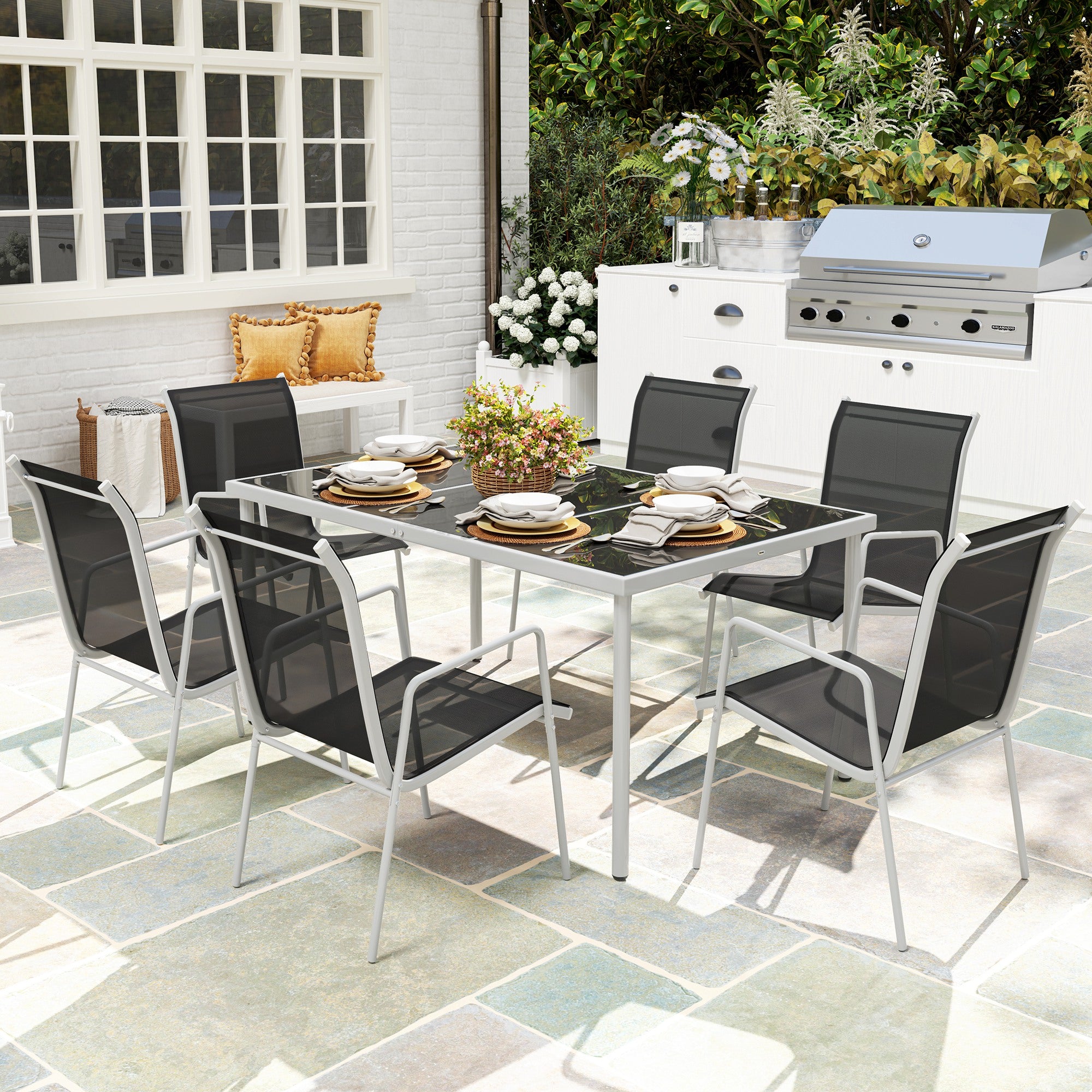 Outsunny Sitzgruppe 7-teilig Essgruppe für 6 Personen Esstisch mit 6 stapelbar Stühlen Glastisch Schwarz
