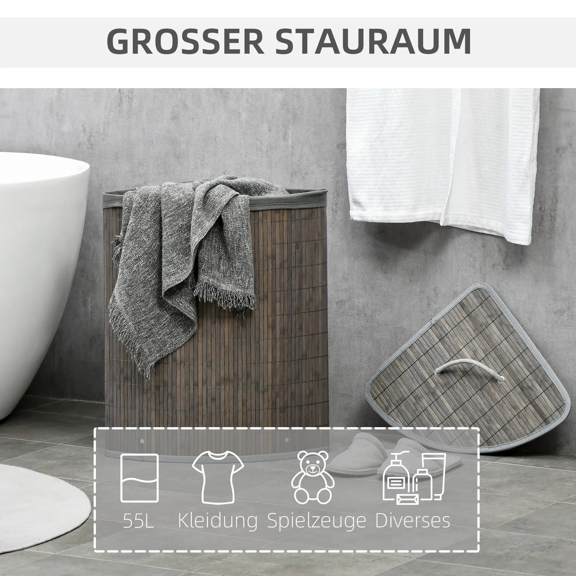 HOMCOM 55 L Wäschekorb mit Deckel, Griff, Wäschesortierer mit herausnehmbarem Wäschesack für Badezimmer, Bambus, Grau