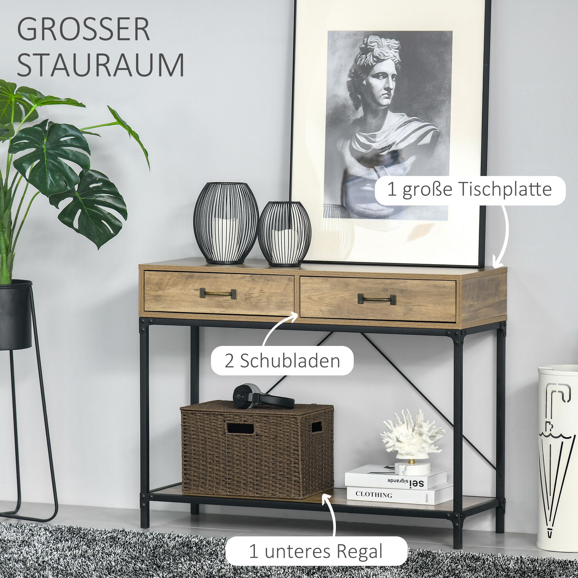 HOMCOM Konsolentisch Flurtisch mit Ablage und 2 Schubladen, 100 x 35 x 76,5 cm Beistelltisch Sofatisch Ausstellungstisch für Kleinen Raum, Eingang, Flur, Wohnzimmer Braun+Schwarz