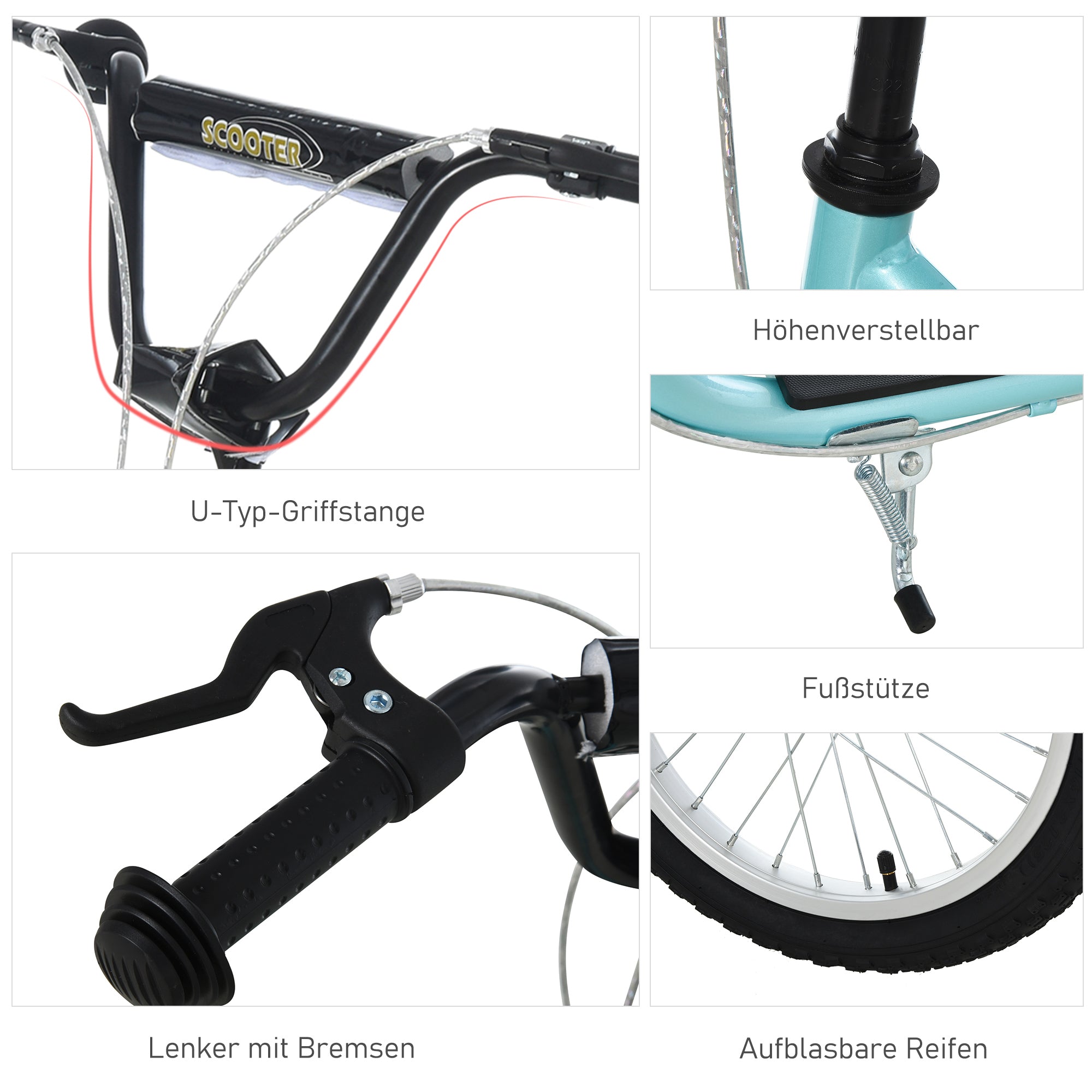 HOMCOM Kinderroller ab 5 jahre Scooter Tretroller Cityroller Kinder Roller Kickboard mit Luftreifen16/12 Zoll Blau 135 x 58 x 88-94 cm