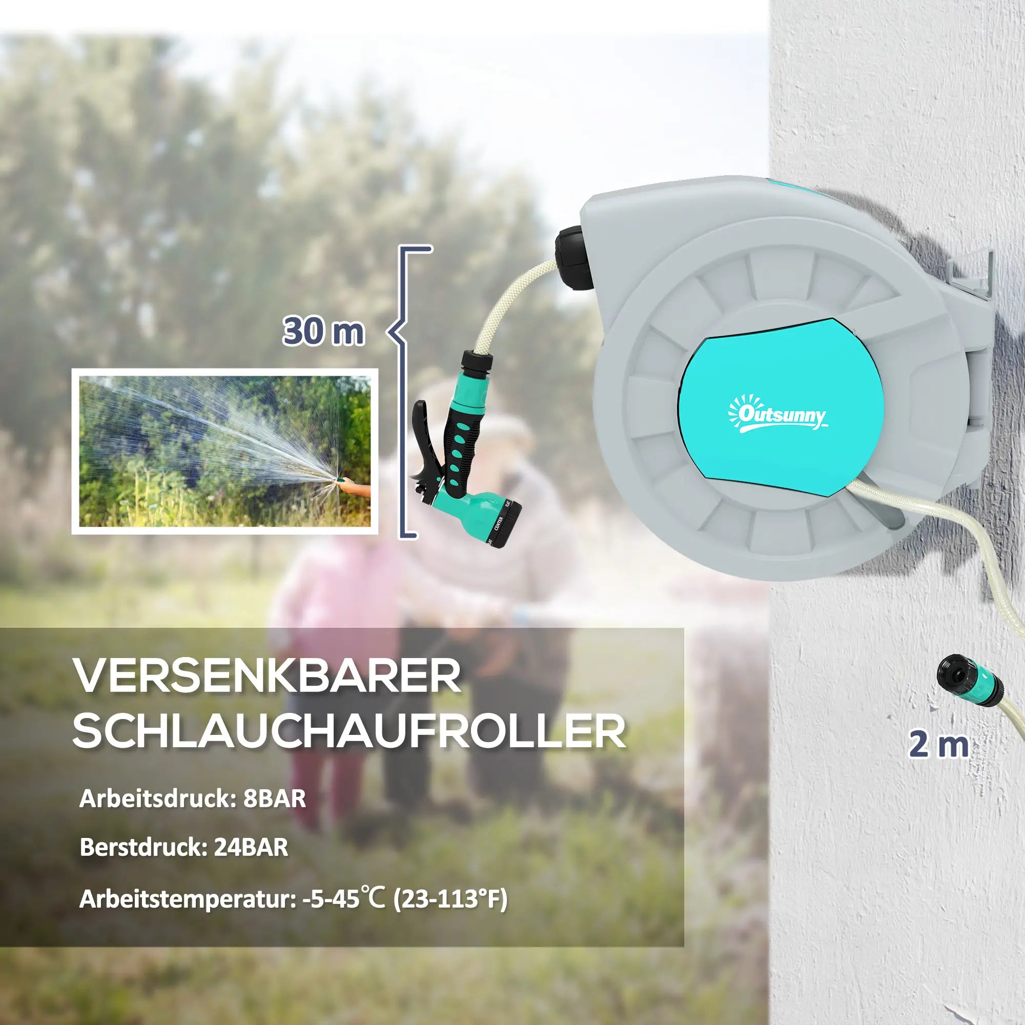 Outsunny Schlauchtrommel Gartenschlauch 30m Automatik 7 Sprühfunktionen
