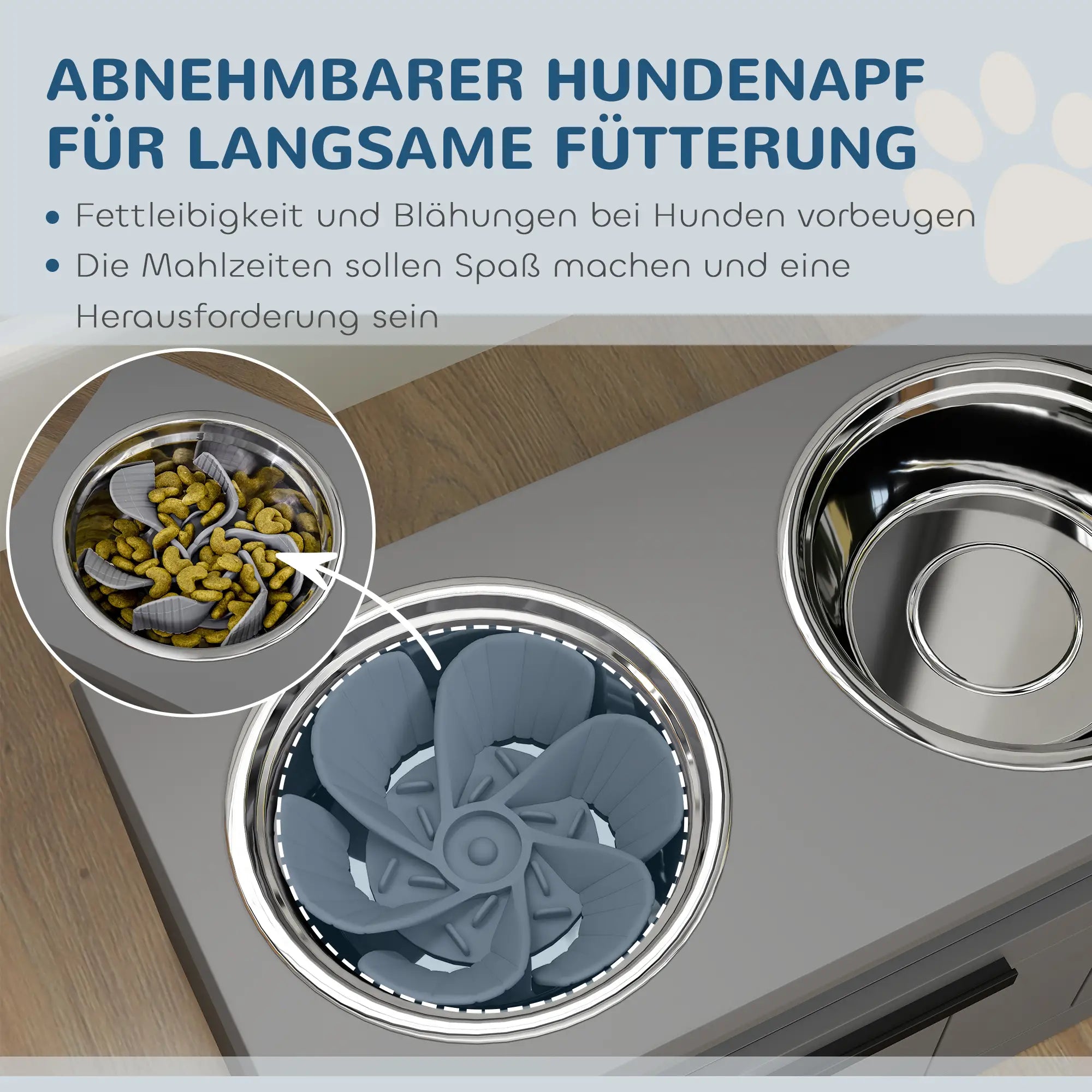 PawHut Futterstation für große Hunde, mit 2 Edelstahlnäpfen, Schublade, Futterspender für Haustiere, MDF, Stahl, Grau