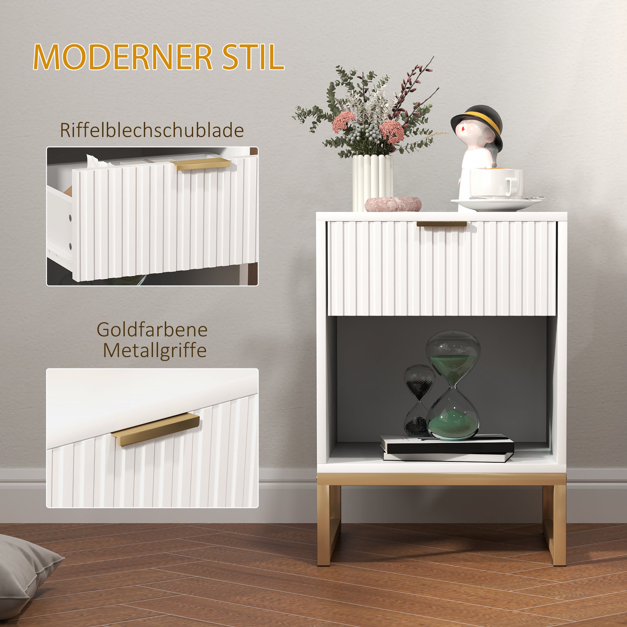 HOMCOM Nachttisch mit Schublade und Regal, Stauraum und Metallbeinen, für Schlafzimmer, Wohnzimmer, Weiß