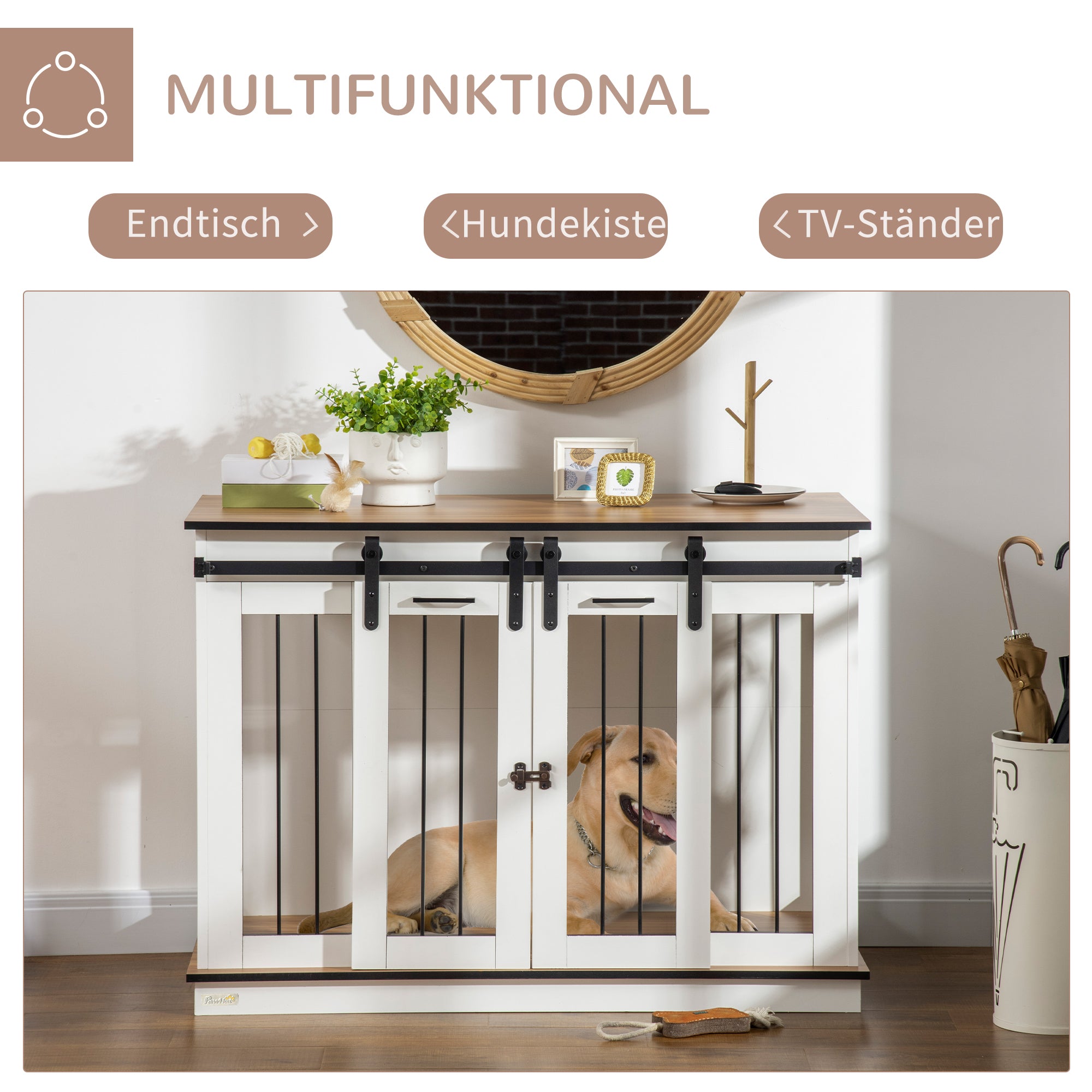 PawHut Hundekäfig mit 2 Türen, Hundebox, Transportbox für Hunde, rustikales Design, verriegelbar, Weiß