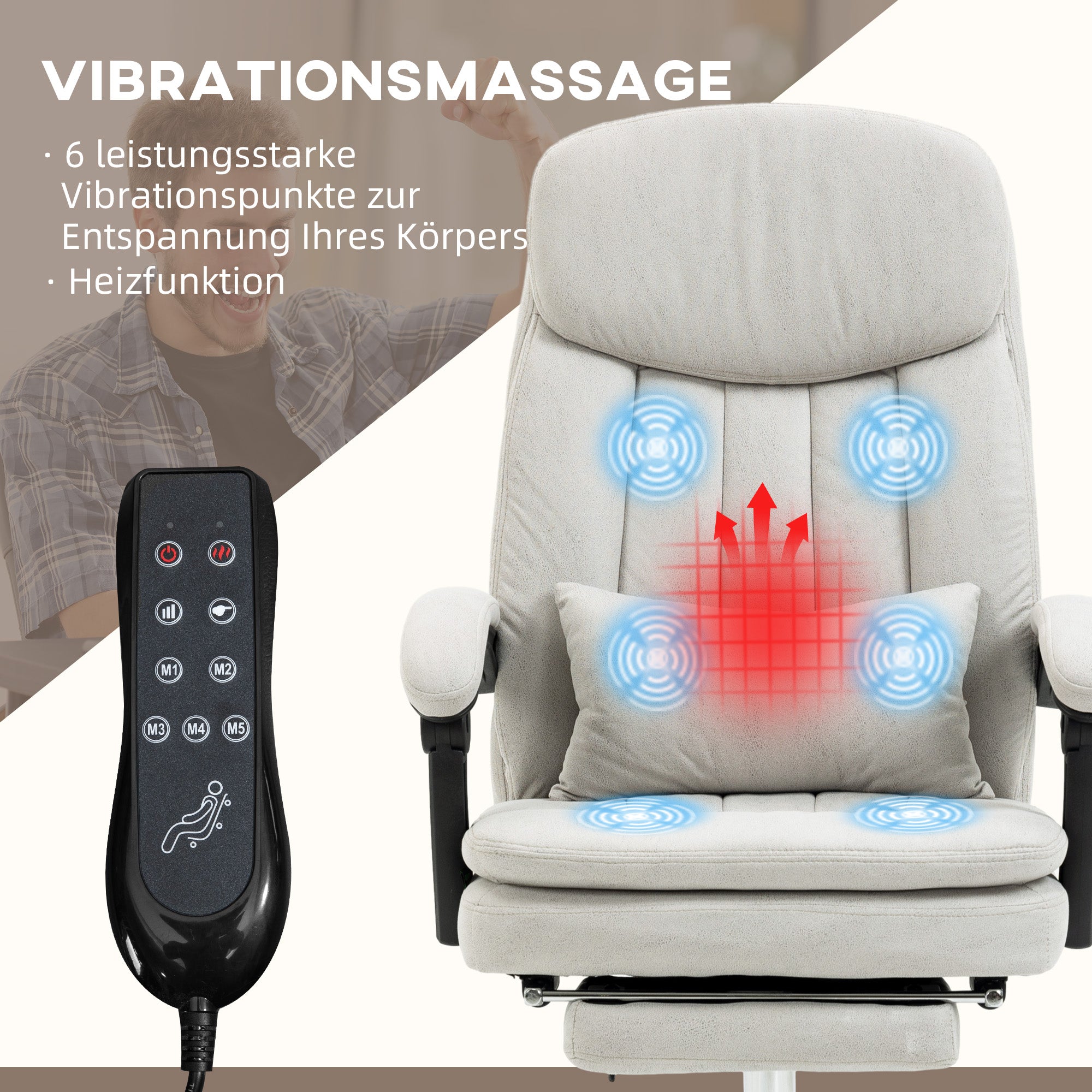 Vinsetto Bürostuhl mit Massage- und Heizfunktion, ergonomisch, 66x67x110-118cm, Cremeweiß