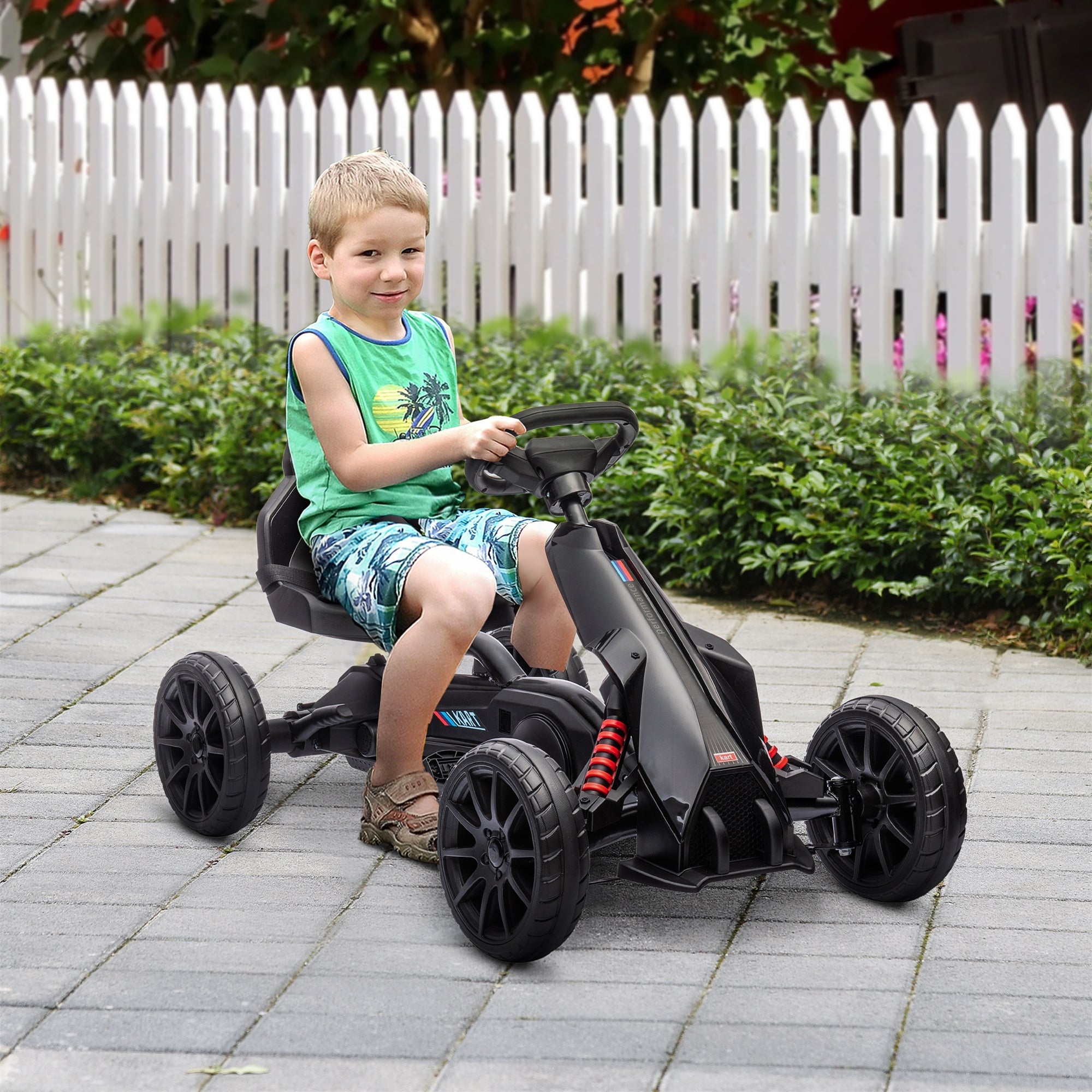 HOMCOM Go-Kart, Kinderfahrzeug mit verstellbarem Sitz, Tretfahrzeug, Tretauto mit Handbremse, 3-8 Jahre, Outdoor, Schwarz