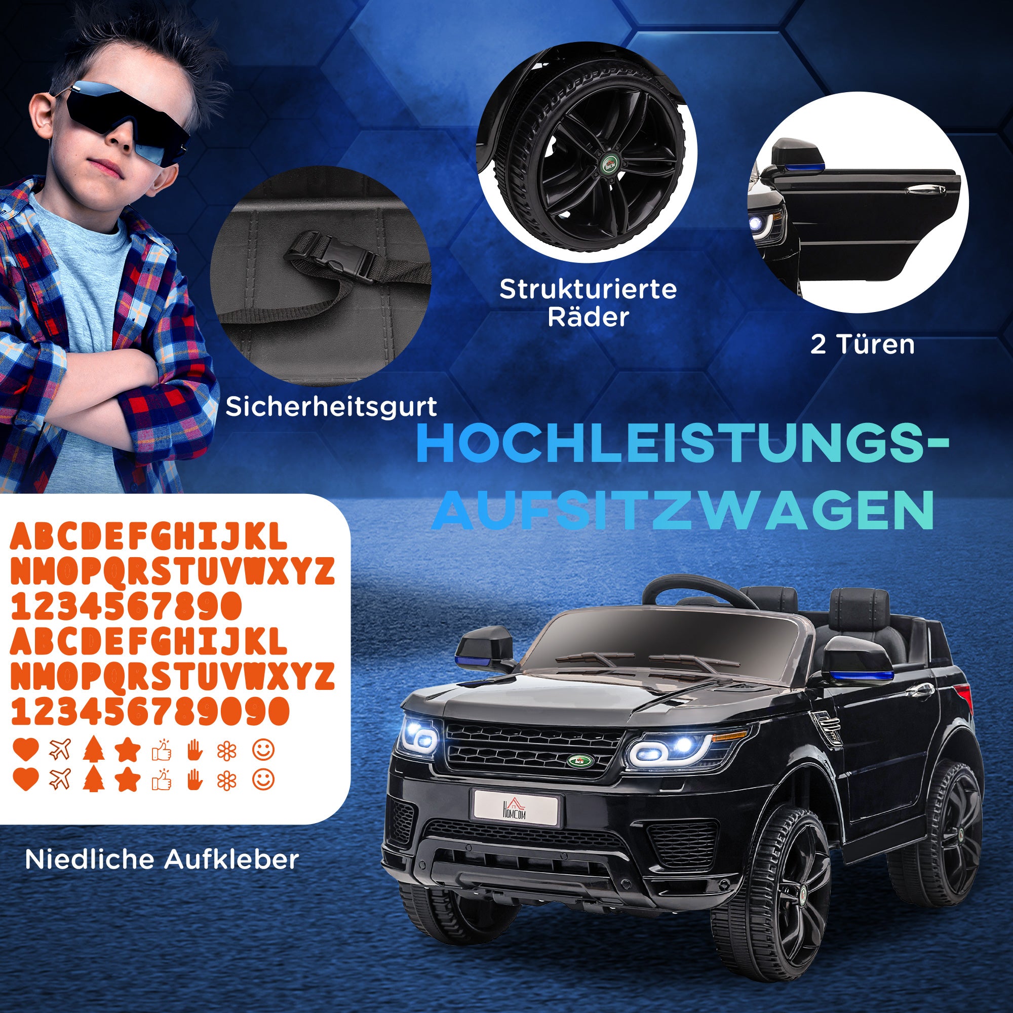 HOMCOM Kinder-Elektroauto SUV, bis 5 kmh/h, mit Sicherheitsgurt, Fernbedienung, Scheinwerfern, Musikfunktion, schwarz