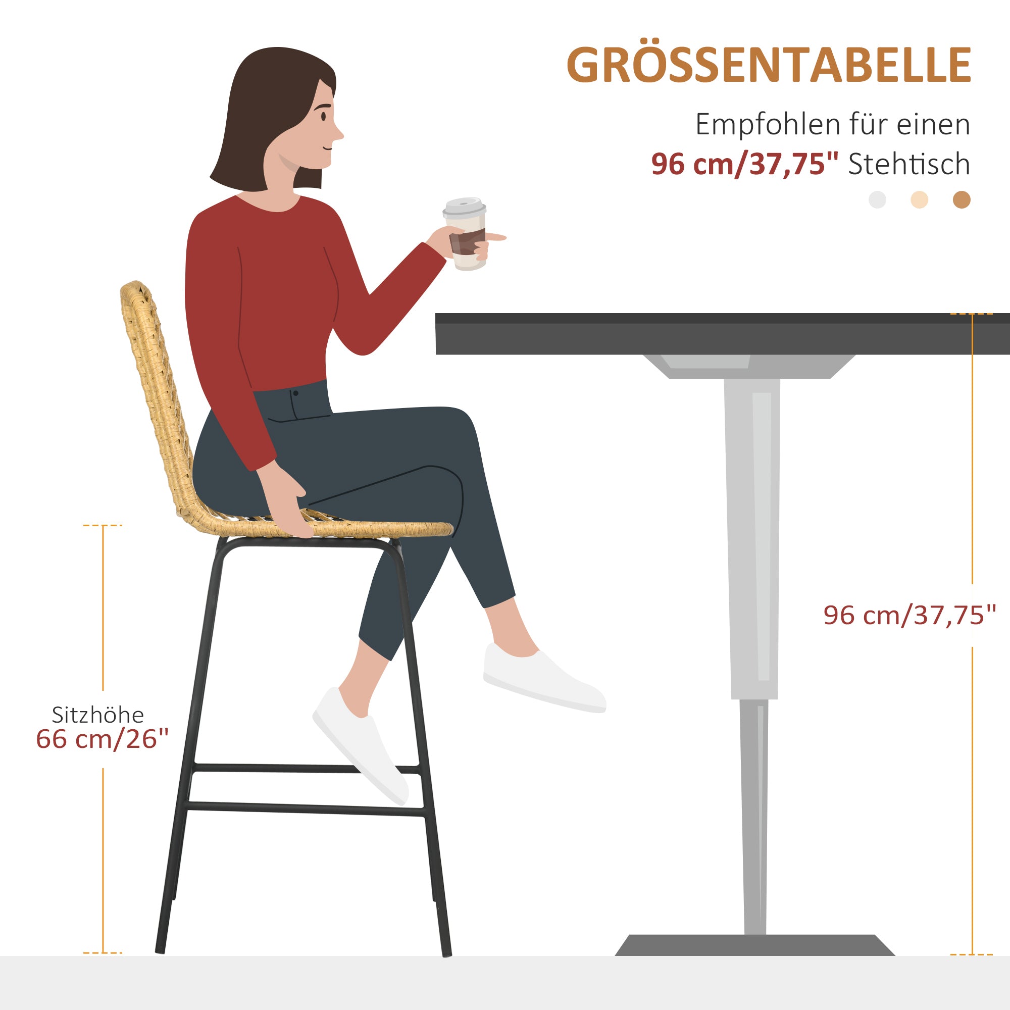 HOMCOM 2er Set Barhocker mit Lehne Barstühle im Boho-Design, PE-Rattan, inkl. Fußtstütze, 42,5 cm x 52 cm x 102 cm, Gelb + Schwarz