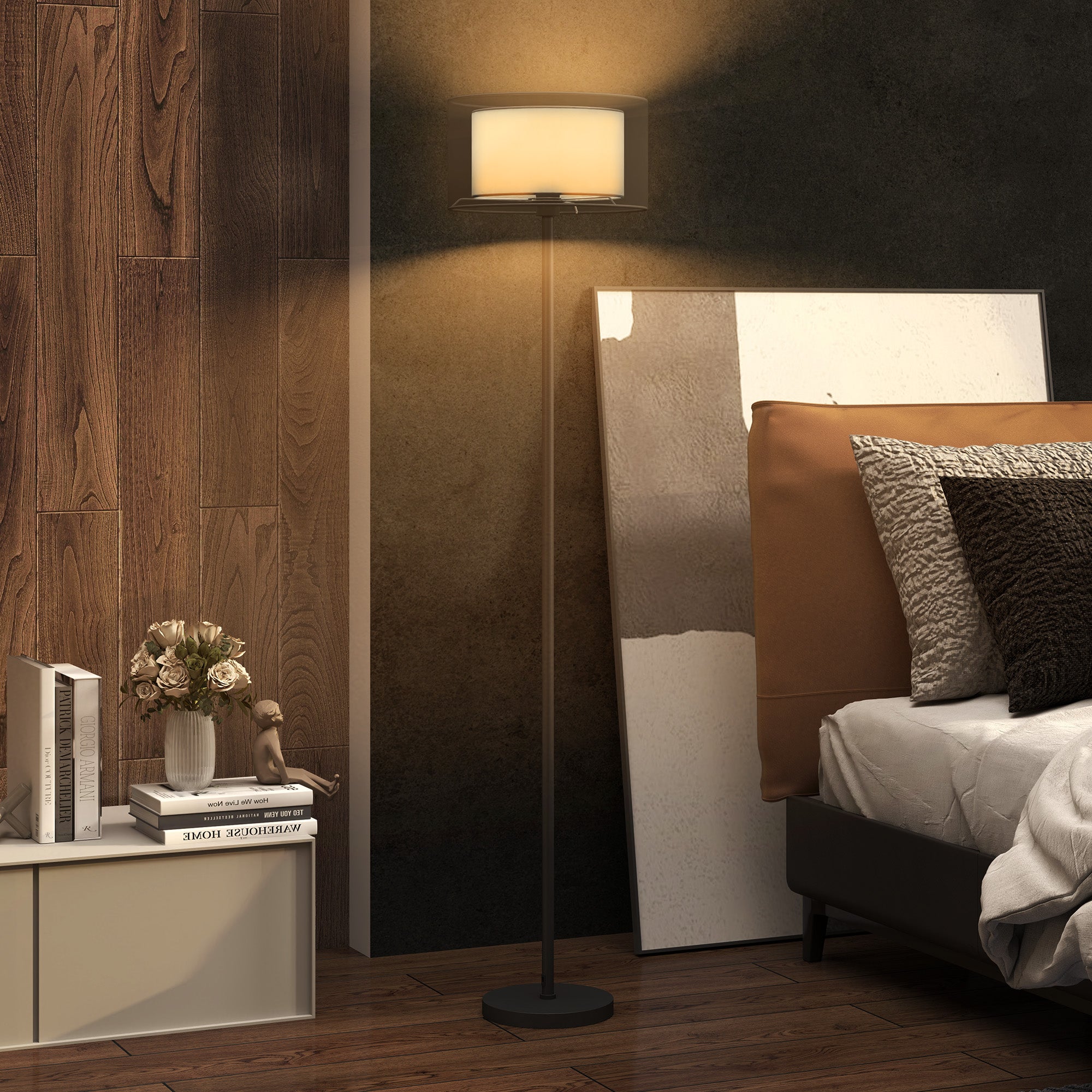 HOMCOM Stehlampe, zweifarbiger Lampenschirm, Fußschalter, Metall, Schwarz