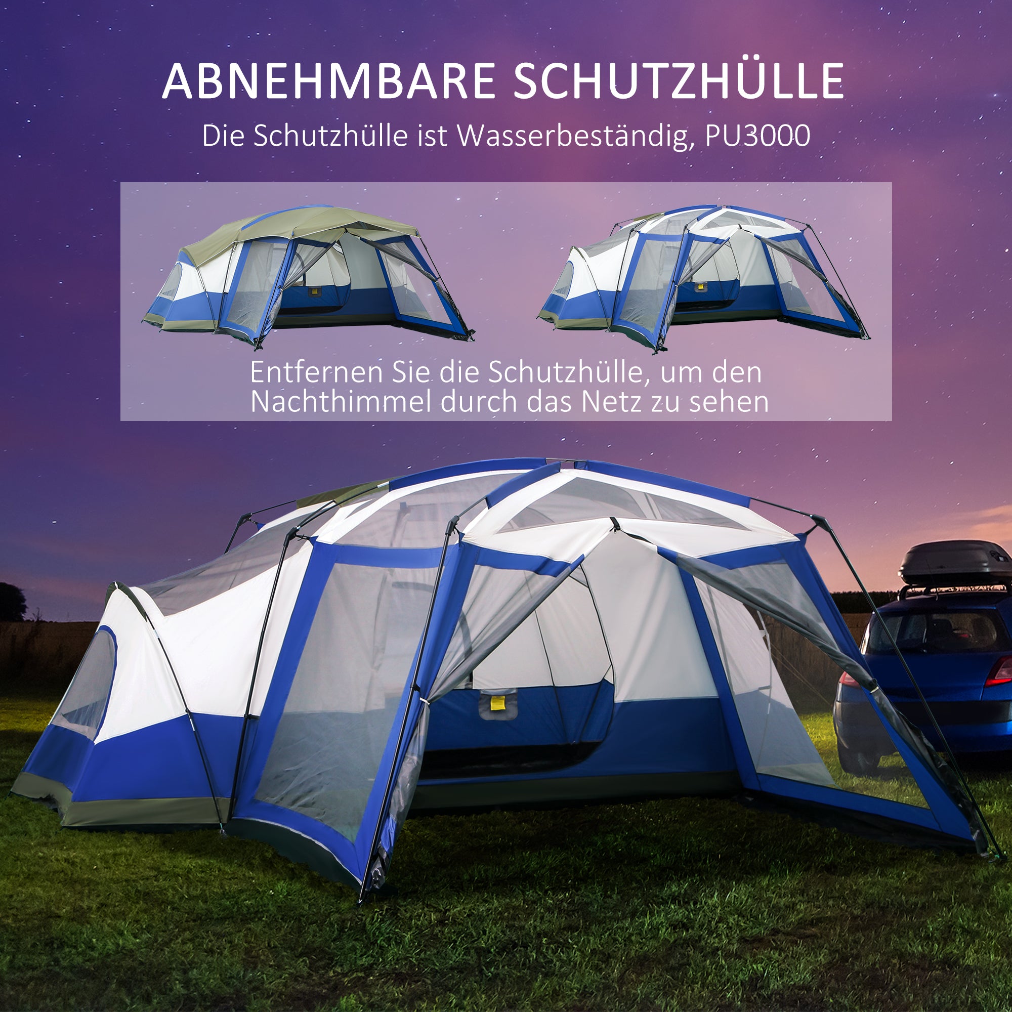 Outsunny Camping Zelt 6-8 Personen Zelt Familienzelt mit Vorraum 2 Fenster Kuppelzelt Kunstleder3000mm für Trekking Festival Glasfaser Blau 518 x 487 x 237 cm