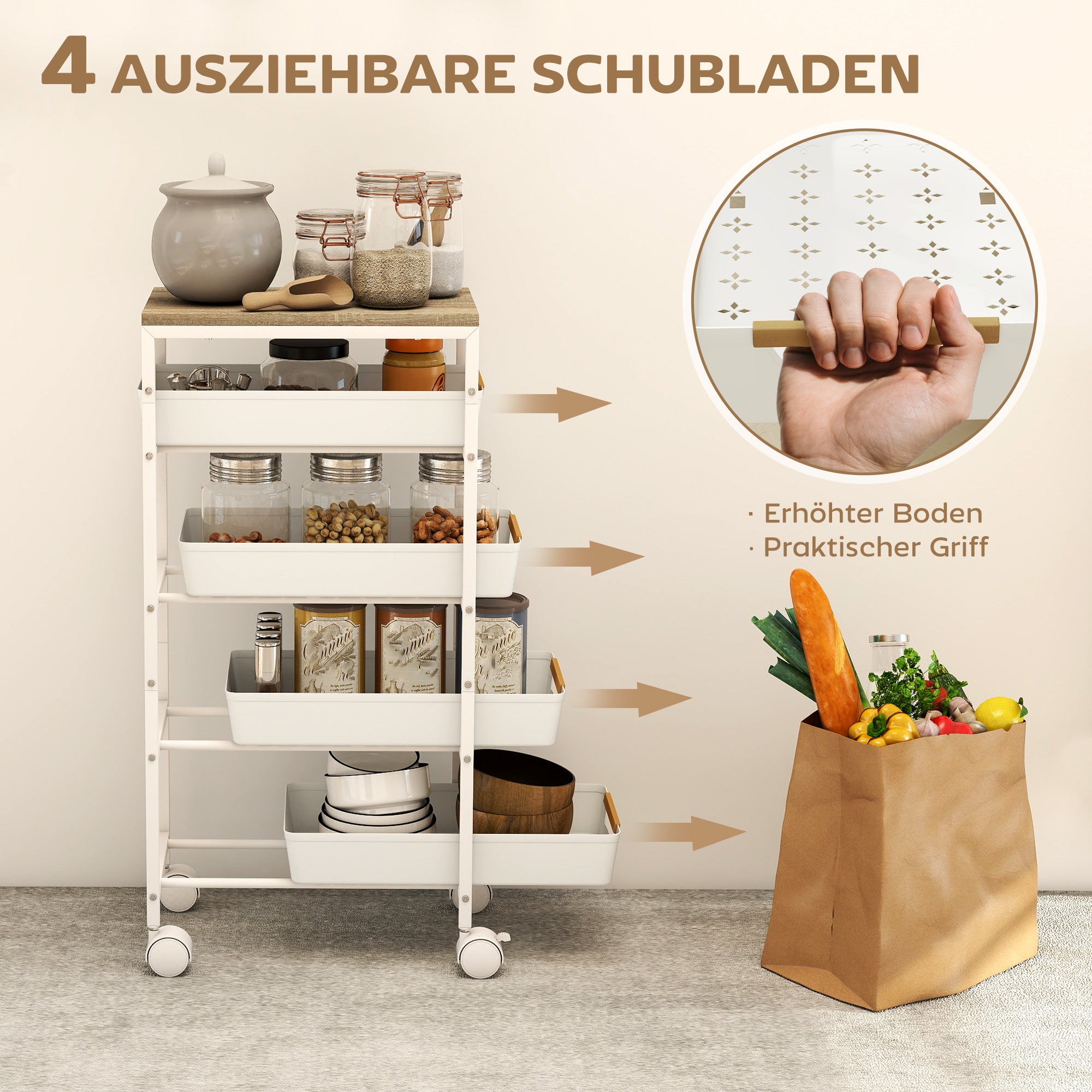 HOMCOM 5-stufiger Küchenwagen, Holzoptik, rollbar, Metallrahmen, 4 Schubladen, Weiß