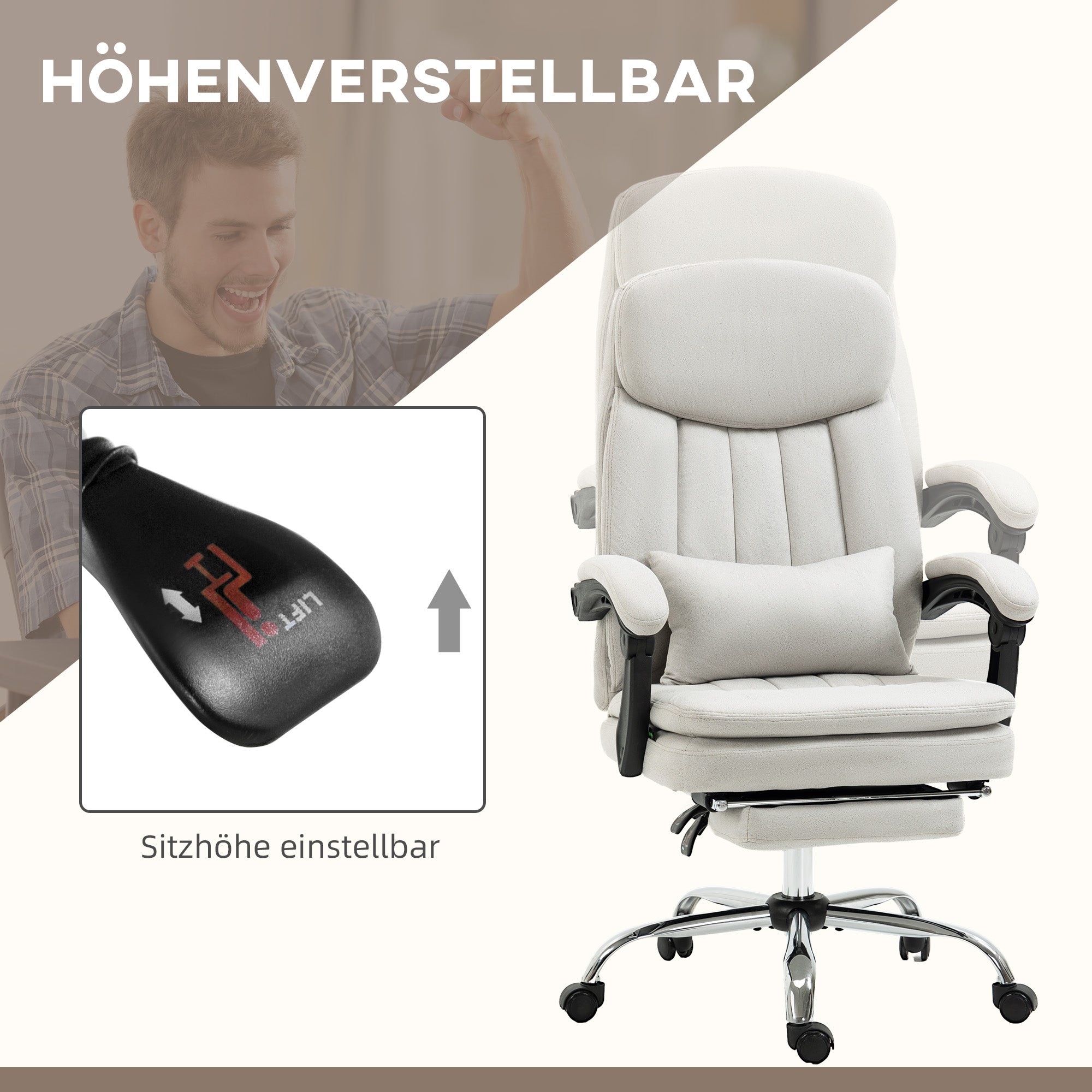 Vinsetto Bürostuhl mit Massage- und Heizfunktion, ergonomisch, 66x67x110-118cm, Cremeweiß