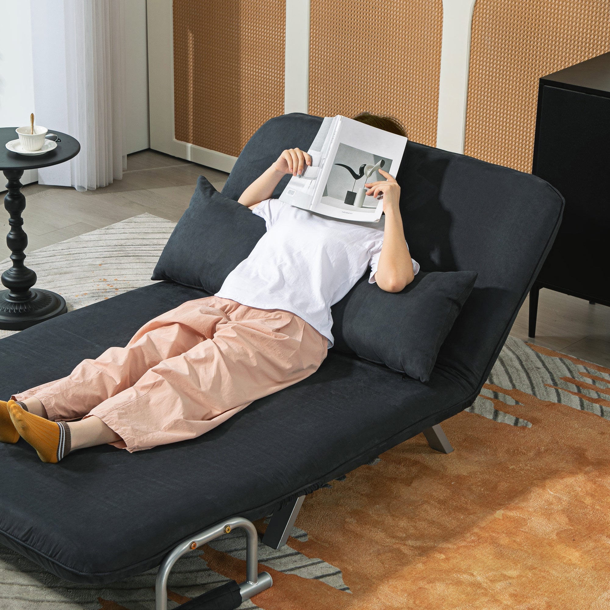 HOMCOM Schlafsofa, 5-fach verstellbar, Wildlederimitat, Stahlrahmen, inkl. Kissen, Schwarz