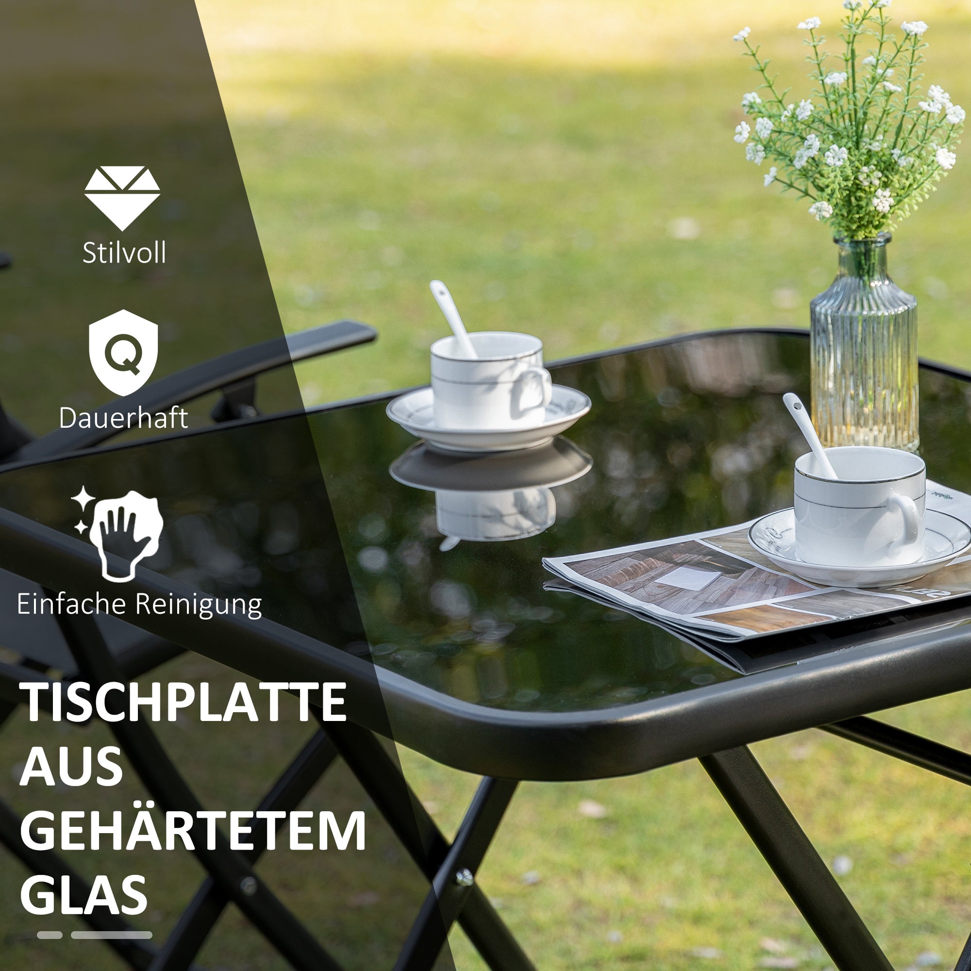 Outsunny Sitzgruppe für 2 Personen klappbar Balkonset 1 Tisch+2 Stühle Gartenmöbel Set Metall Mesh Schwarz+Grau