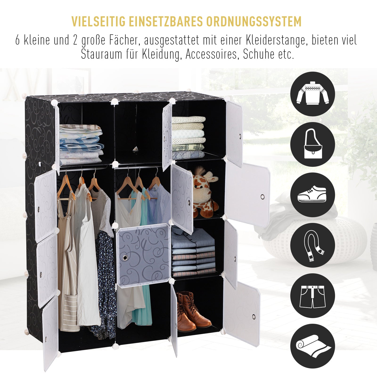 HOMCOM DIY Kleiderschrank Regalsystem mit 2 große und 9 kleinen Würfeln DIY-Würfelregal, Schuhregal, Aufbewahrungsregal für Büchern Spielzeug Schwarz 111 x 47 x 145 cm