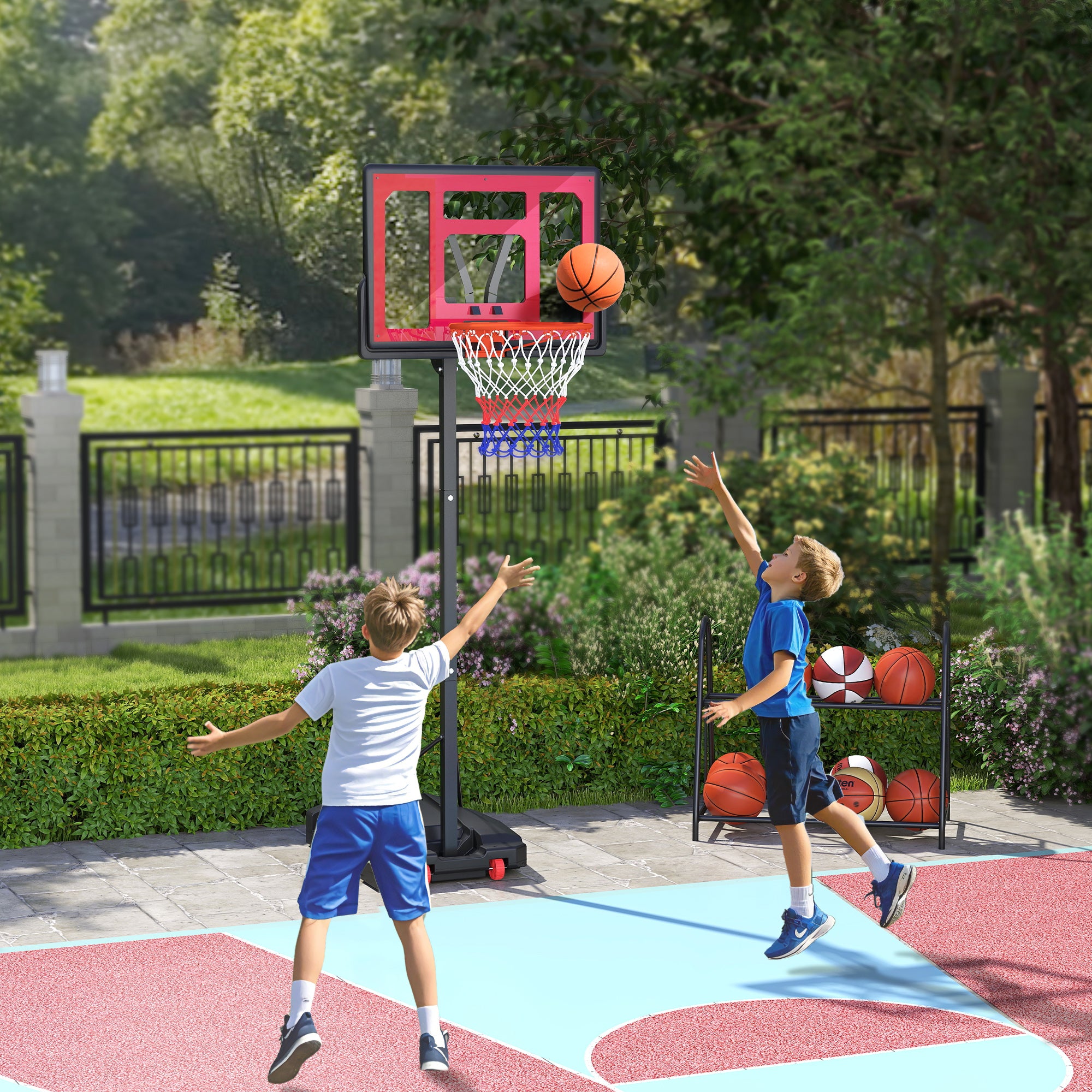 AIYAPLAY Kinder-Basketballkorb, Outdoor-Basketballkorb für Kinder, 200-260 cm höhenverstellbar, mit Rädern, ab 6 Jahren, Rot
