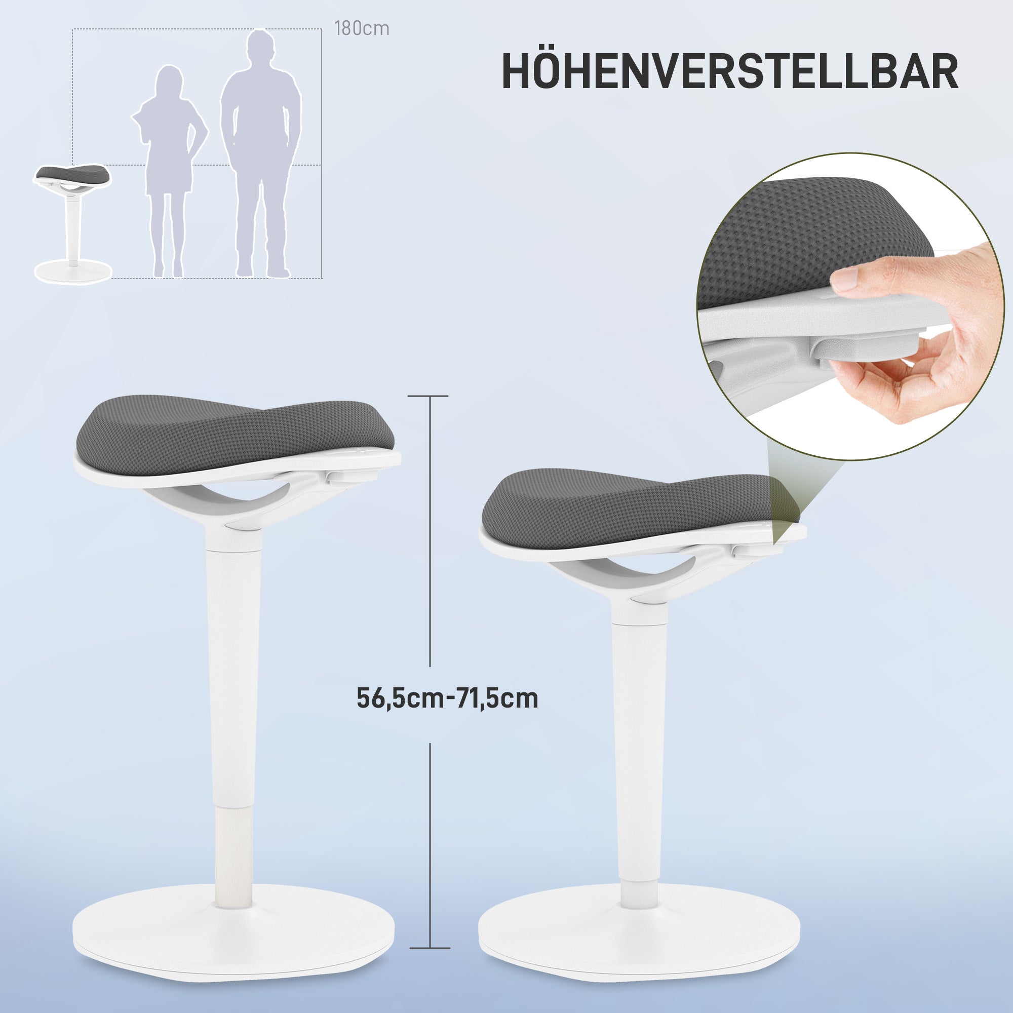 HOMCOM Pendelhocker, ergonomisch, höhenverstellbar, bis 120 kg, 42,5x35,5x56,5-71,5cm, Grau