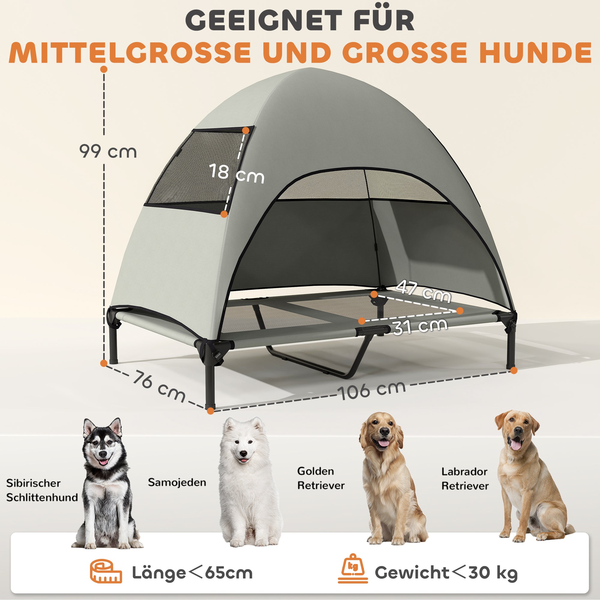 PawHut Hundeliege Outdoor mit Dach, Erhöhtes Hundebett für Große Hunde, 106 x 76 x 99 cm, Hellgrau