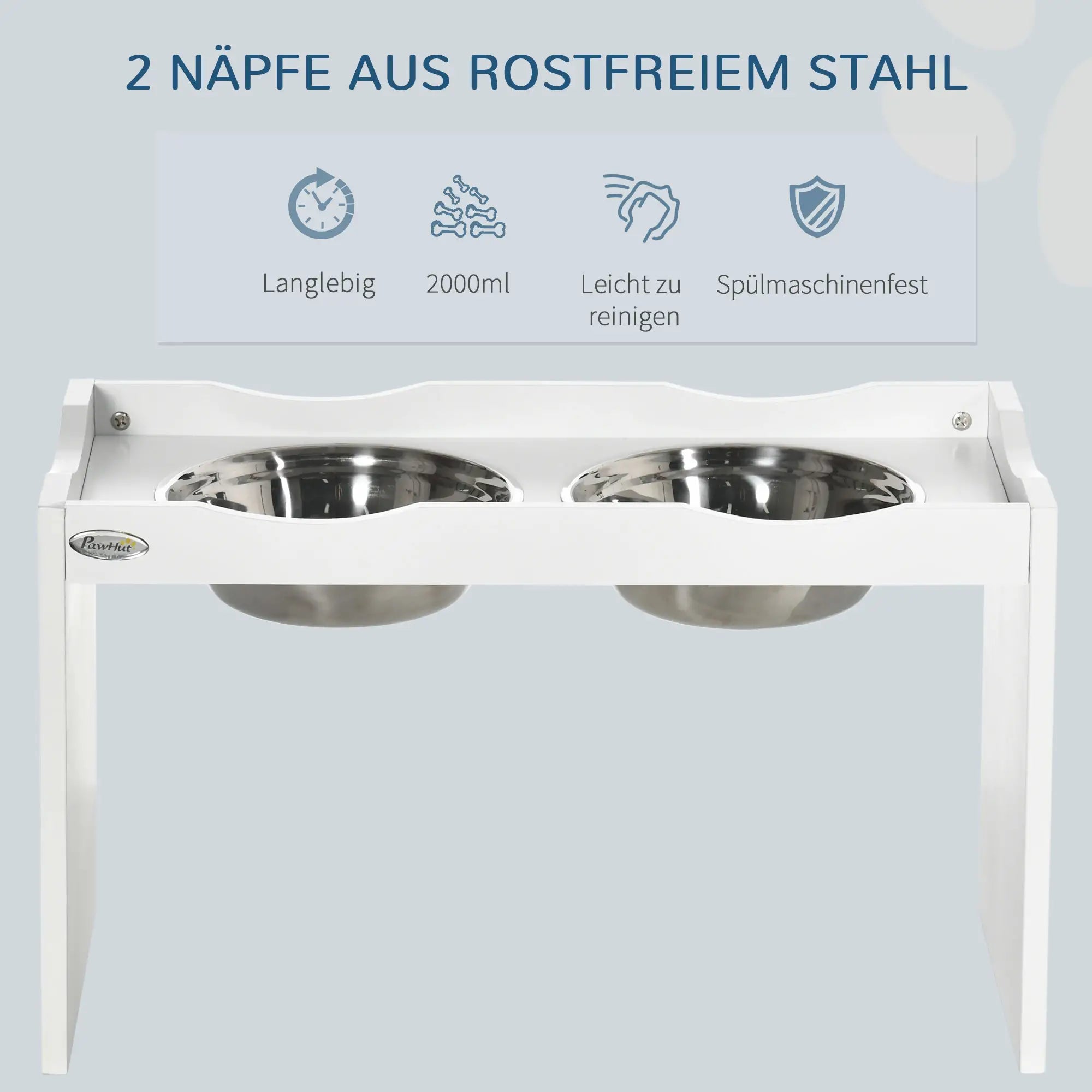 PawHut Futterstation, Napfständer, 2 Fressnäpfe je 2 Liter, Edelstahl, für große Hunde, weiß, 63 x 30 x 24cm