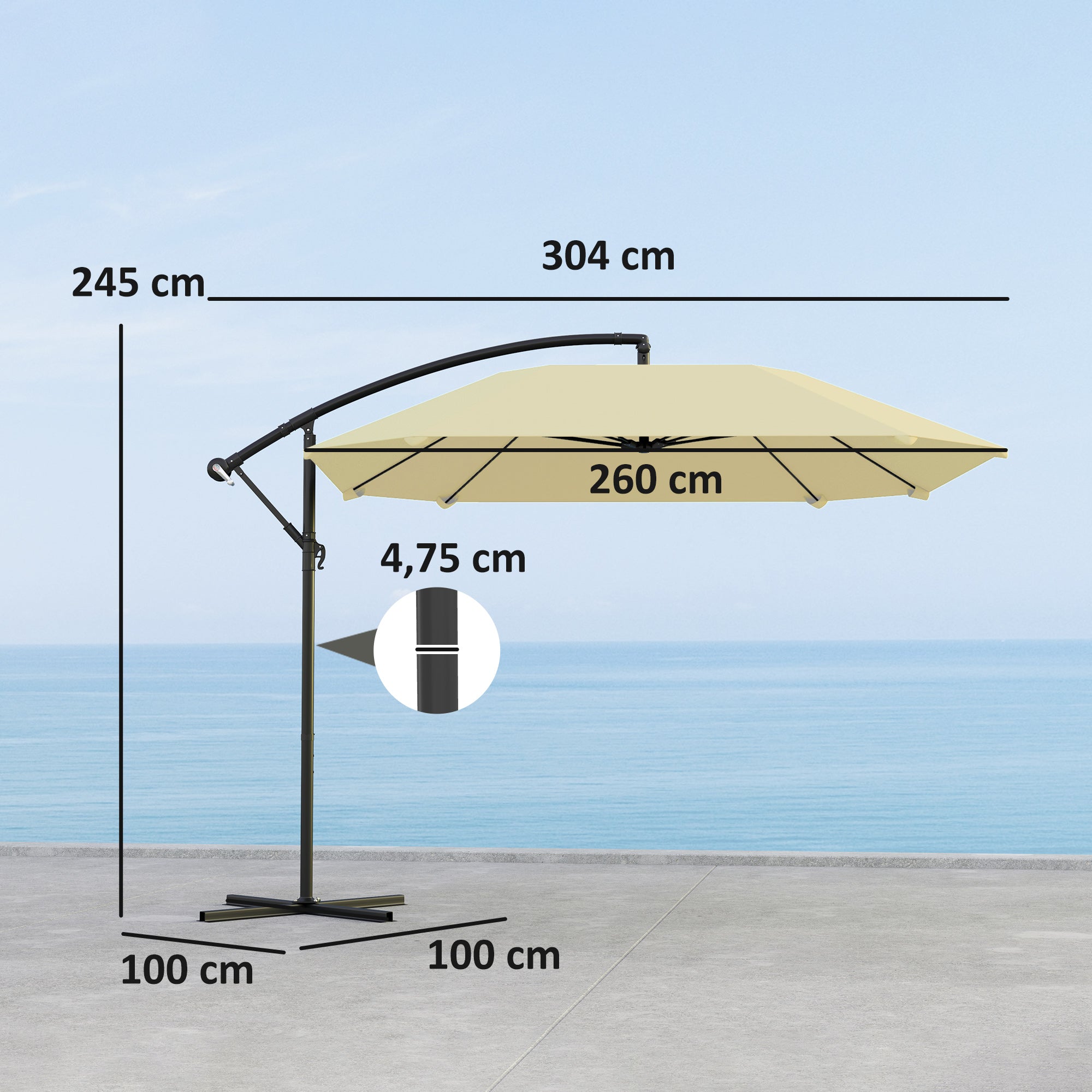 Outsunny Ampelschirm Alu Ø 260 cm Sonnenschirm, wasserdicht Kurbelschirm mit Ständer, Kurbel, Beige
