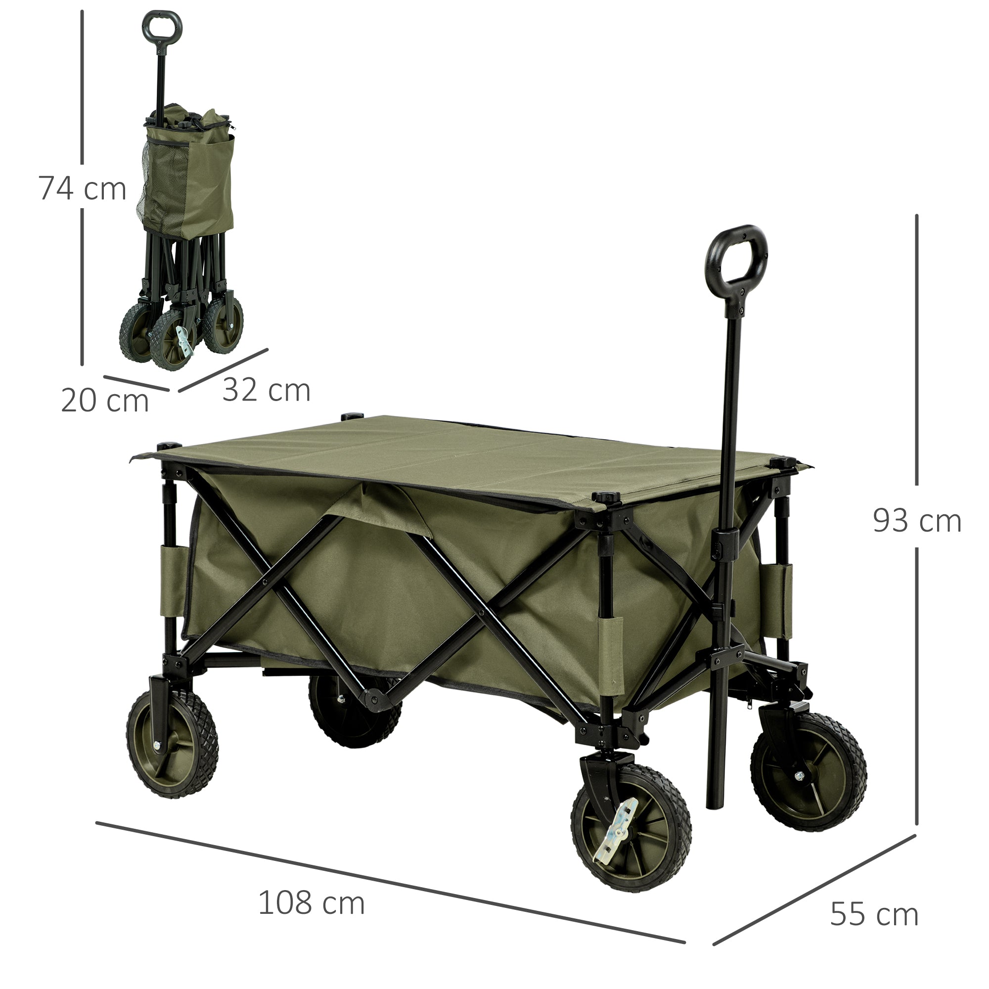Outsunny Bollerwagen, klappbar, 5 Seitentaschen, verstellbarer Griff, bis 120 kg belastbar, Stahl, 108 x 55 x 93 cm, Grün