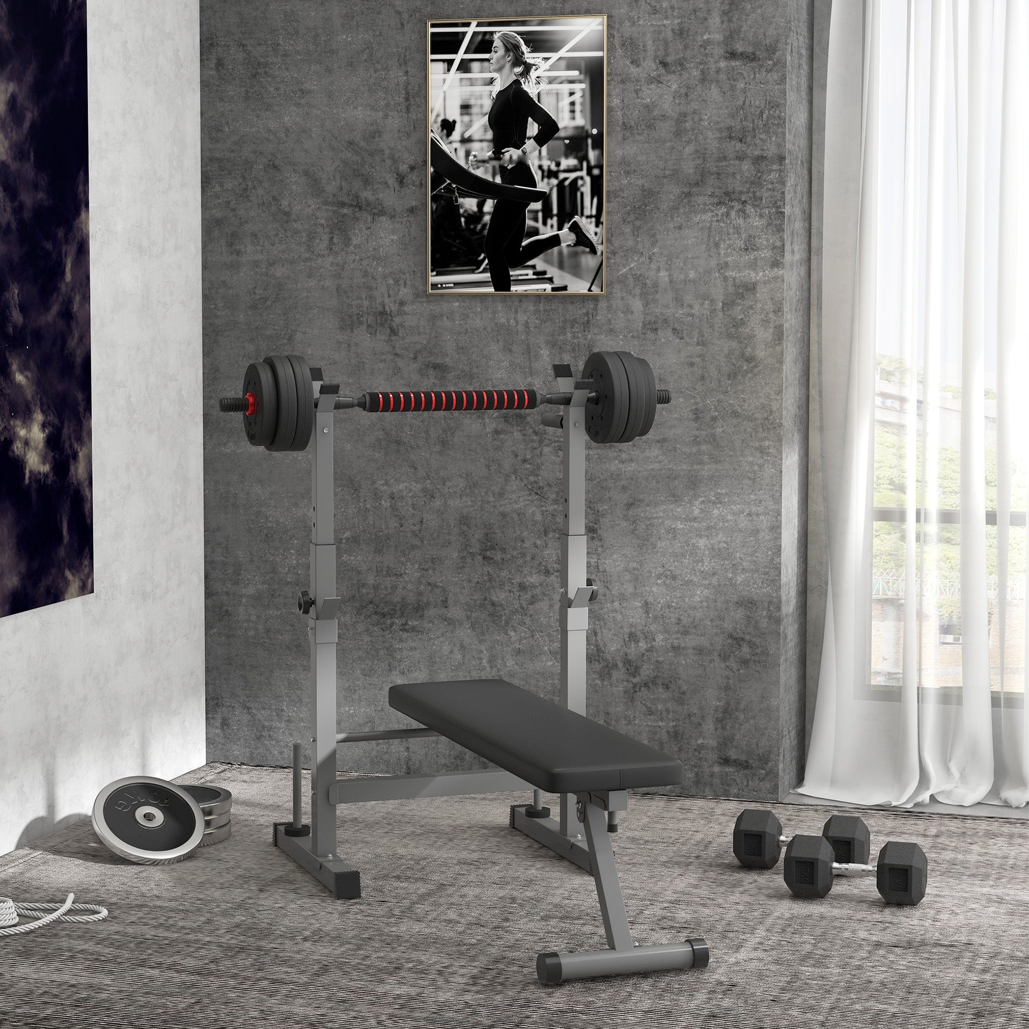 HOMCOM Hantelbank, 8 Positionen, klappbar, Stahlbasis, gepolstert, Kunstleder, 98-122H x 140L x 73B cm, Schwarz/Grau