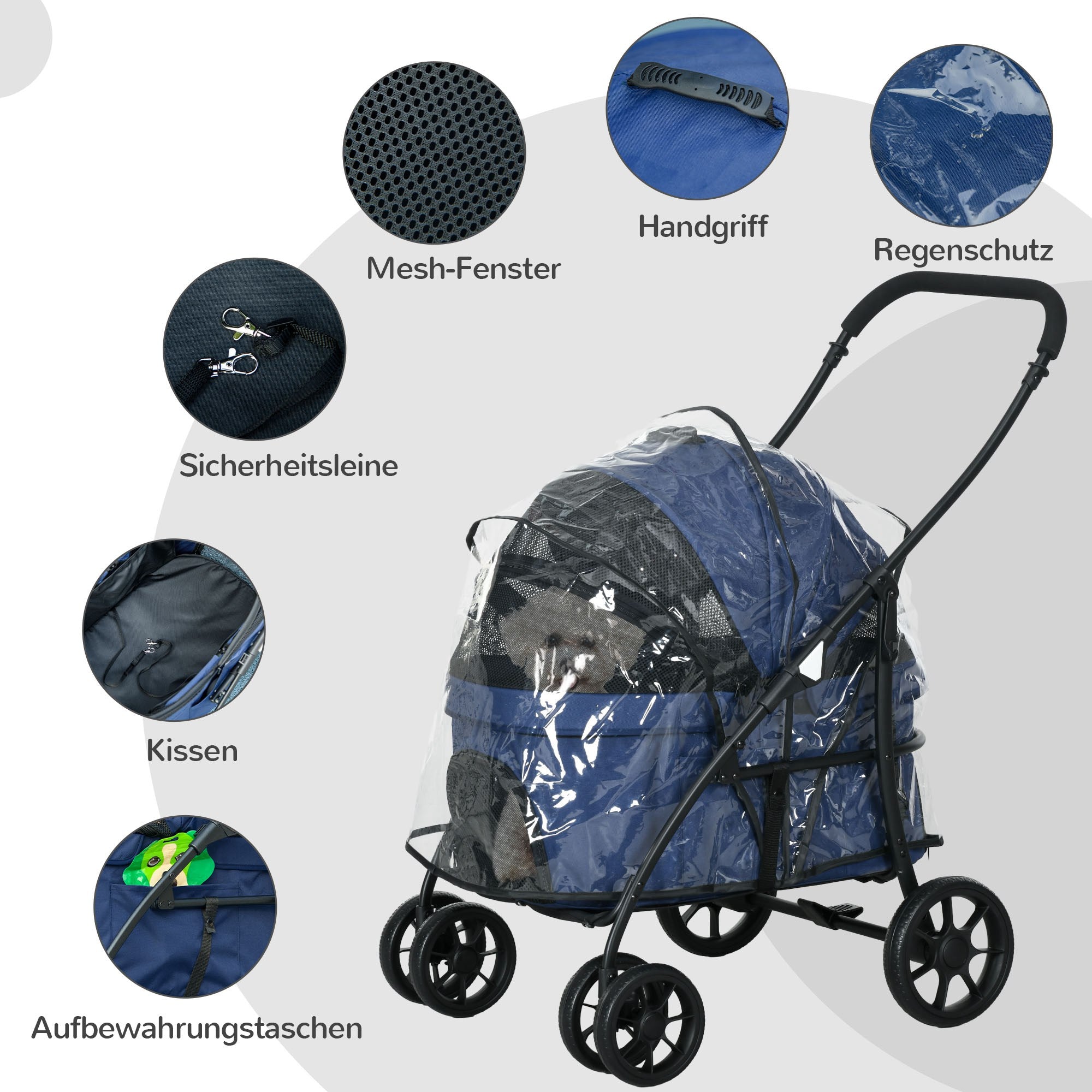 PawHut Hundewagen Hundebuggy bis 10 kg Klappbar Regenschutz, 2 Sicherheitsleinen 81x 68 x 98,5 cm Dunkelblau