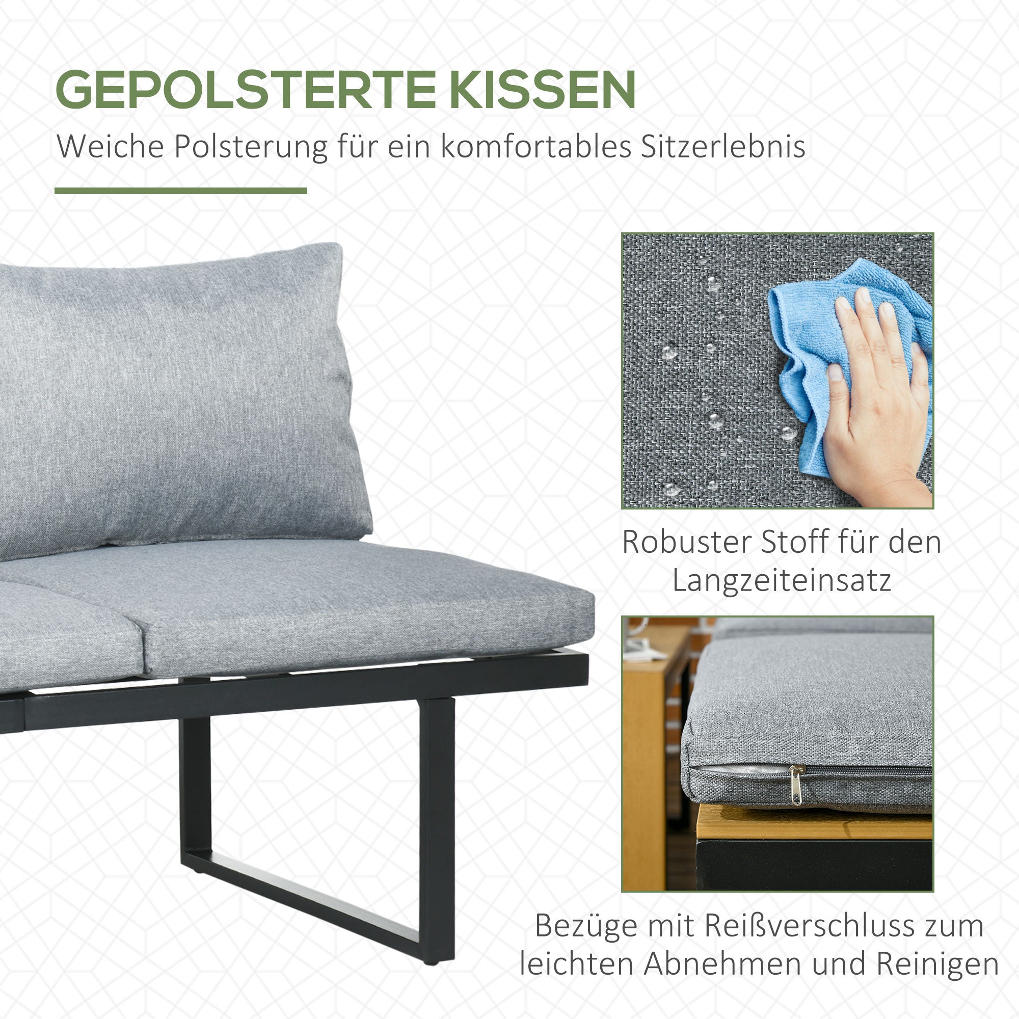 Outsunny Gartenmöbel-Set für 3 Personen Balkonmöbel mit Sitzkissen, Aluminiumrahmen, Holzoptik, Dunkelgrau+Natur