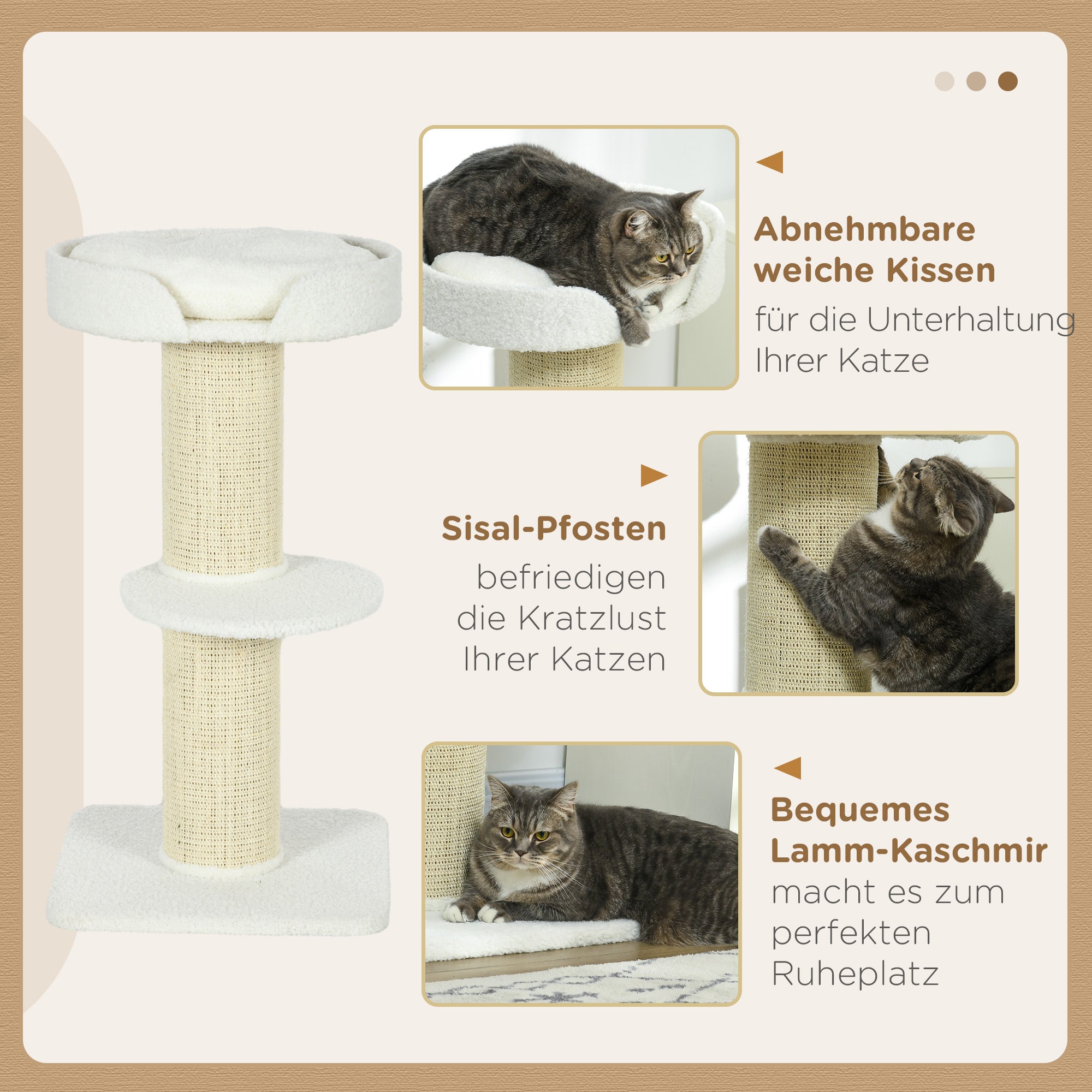 PawHut Katzenbaum 91cm Spielbaum mit Katzenbett, Plattform Lammwolle Creme