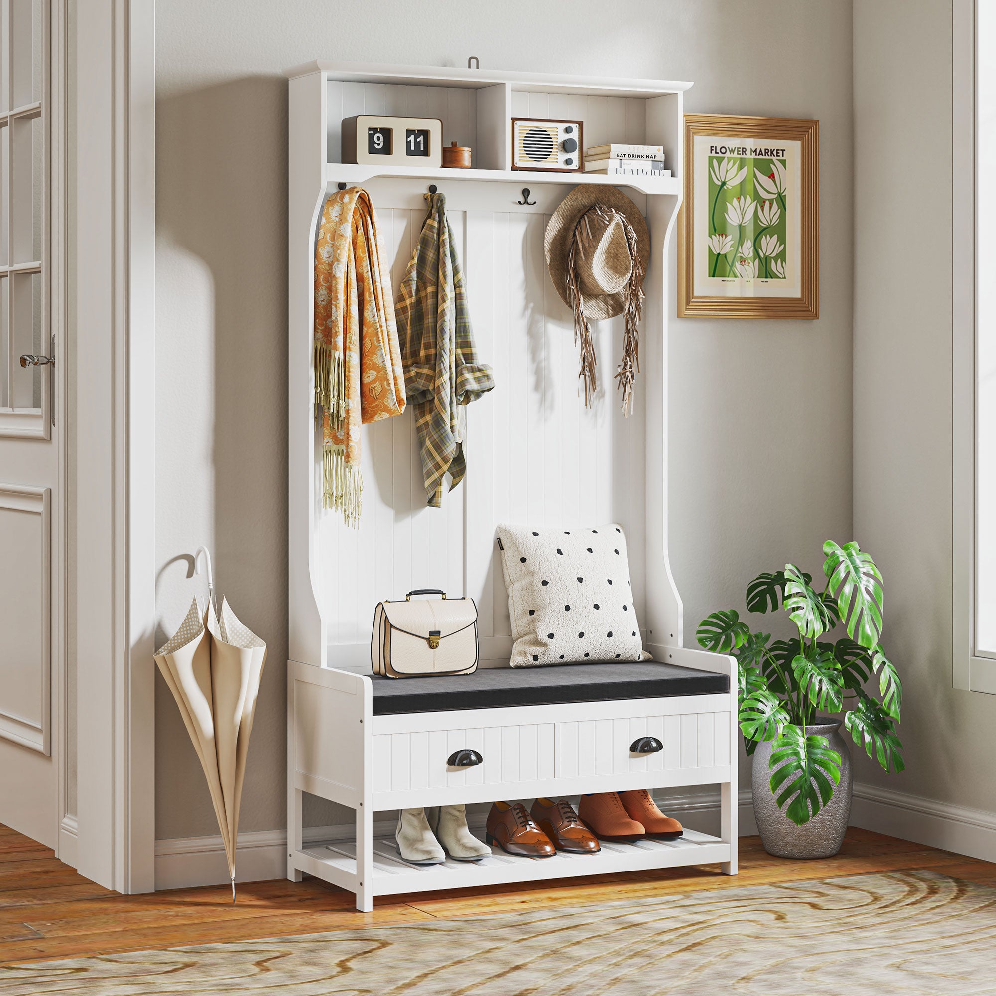 HOMCOM Garderobenständer mit Haken, Garderobe mit Schuhbank, für Eingangsbereich, Flur, Metall, MDF, Weiß+Grau