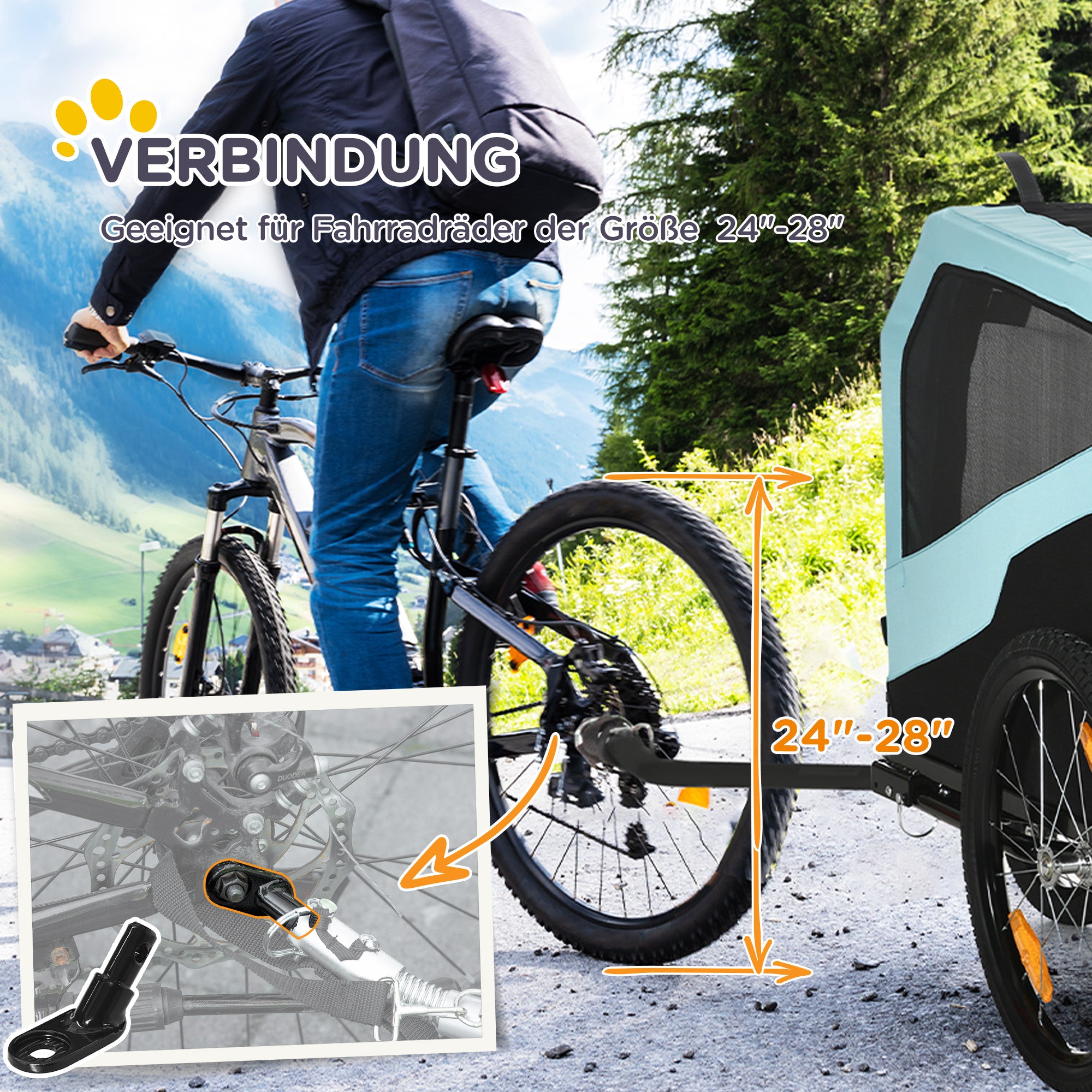 PawHut 2-in-1 Hundeanhänger Hundewagen Fahrradanhänger bis 30kg klappbar Schiebefunktion 2 Eingänge Netzfenster Sonnenschutz Stahlrahmen hellblau 170 x 77 x 90 cm