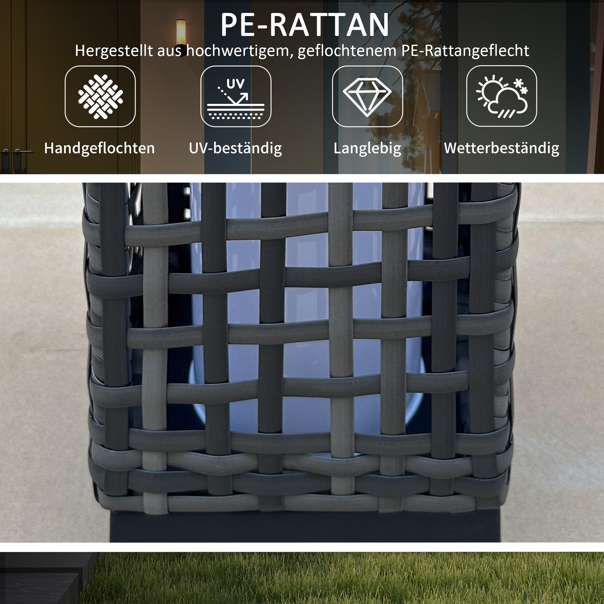 Outsunny Außenleuchte mit Solarmodul, Einschaltautomatik, 8 h Betriebszeit, Rattanoptik, Stahl, 15,5 x 15,5 x 46 cm, Grau