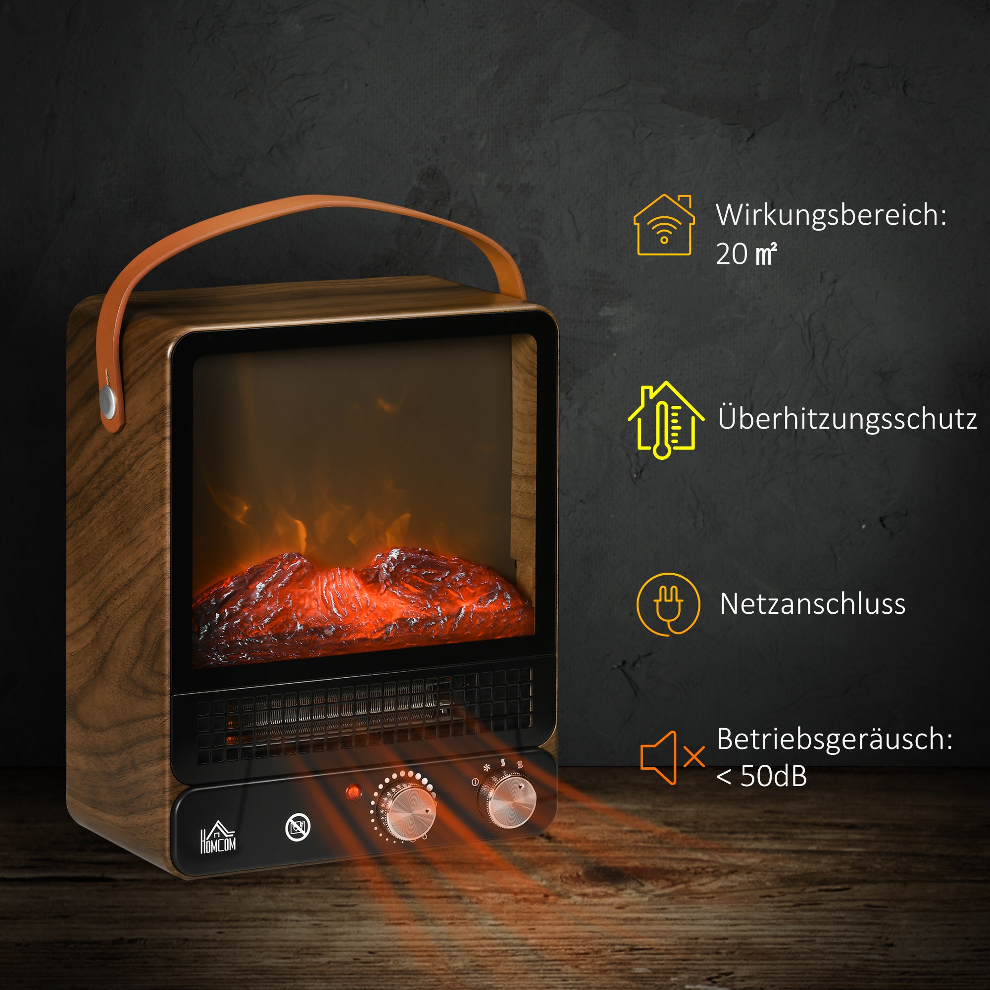 HOMCOM Elektrokamin, realistisches Feuer, 2 Heizmodi bis 50° C, Überhitzungsschutz, Walnussoptik, 30,3 x 17,5 x 37,4cm