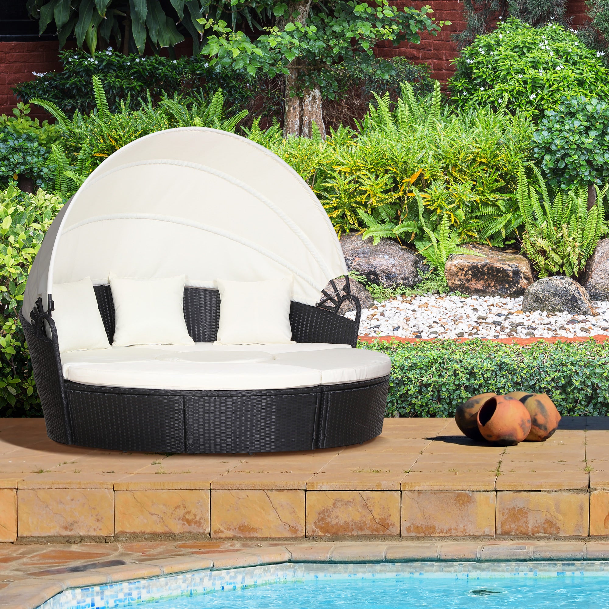 Outsunny Sonneninsel mit Baldachin; Gartenmöbelset mit Sonnendach, inkl. Kissen, Creme + Schwarz