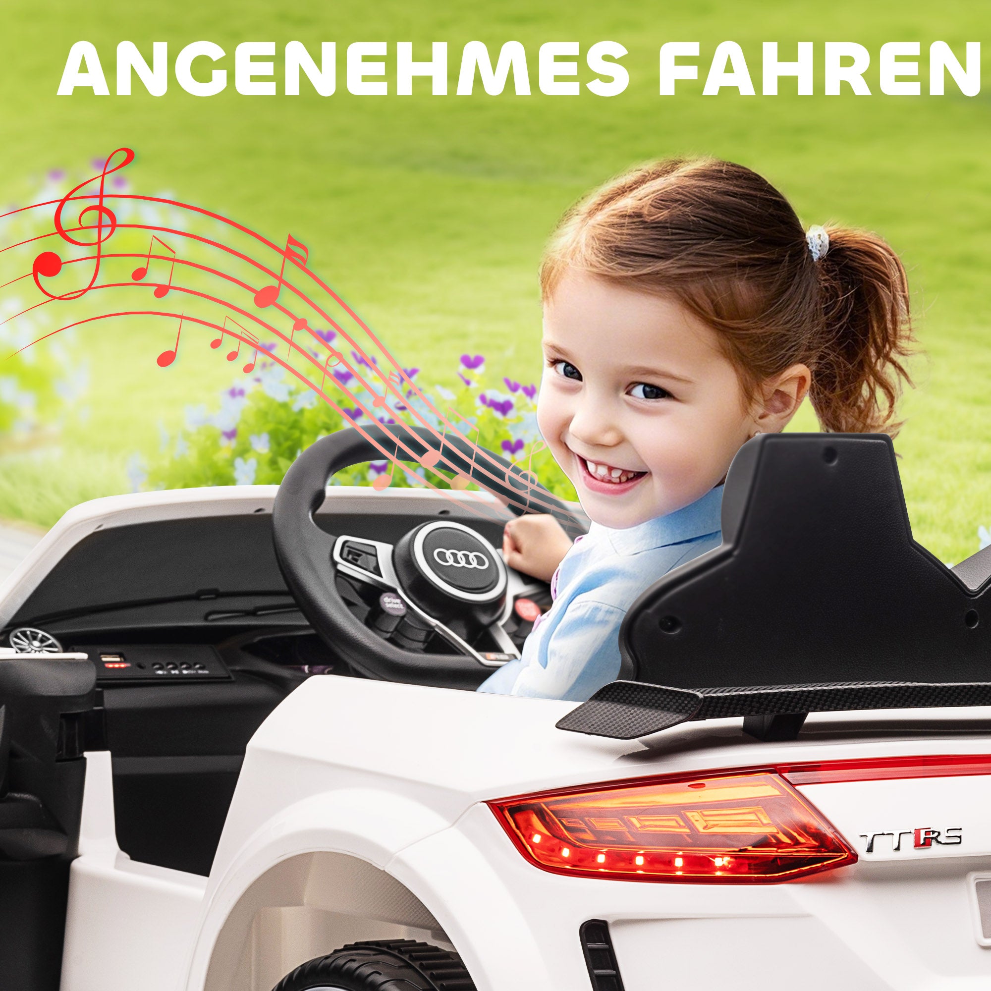 HOMCOM Kinder-Elektroauto, Audi TT RS Roadster, 3 km/h, Fernbedienung, LED, USB, Weiß